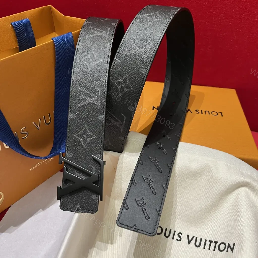 View 3 of Black Leather Belt, Embossed LV Motifs, Polished YSL-Style Buckle