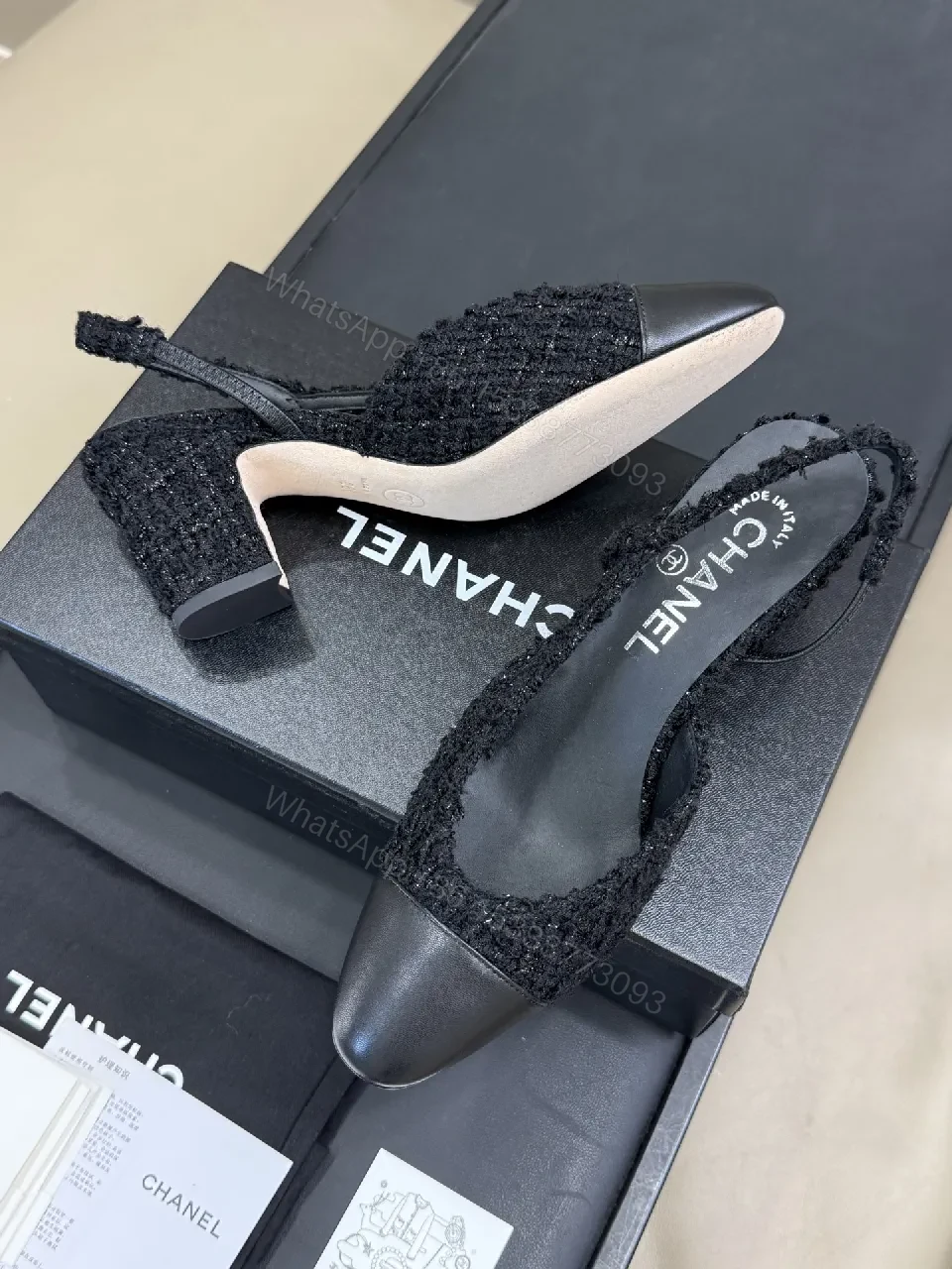 View 3 of Black Tweed Leather Cap-Toe Slingback Pumps, Chic Everyday Style