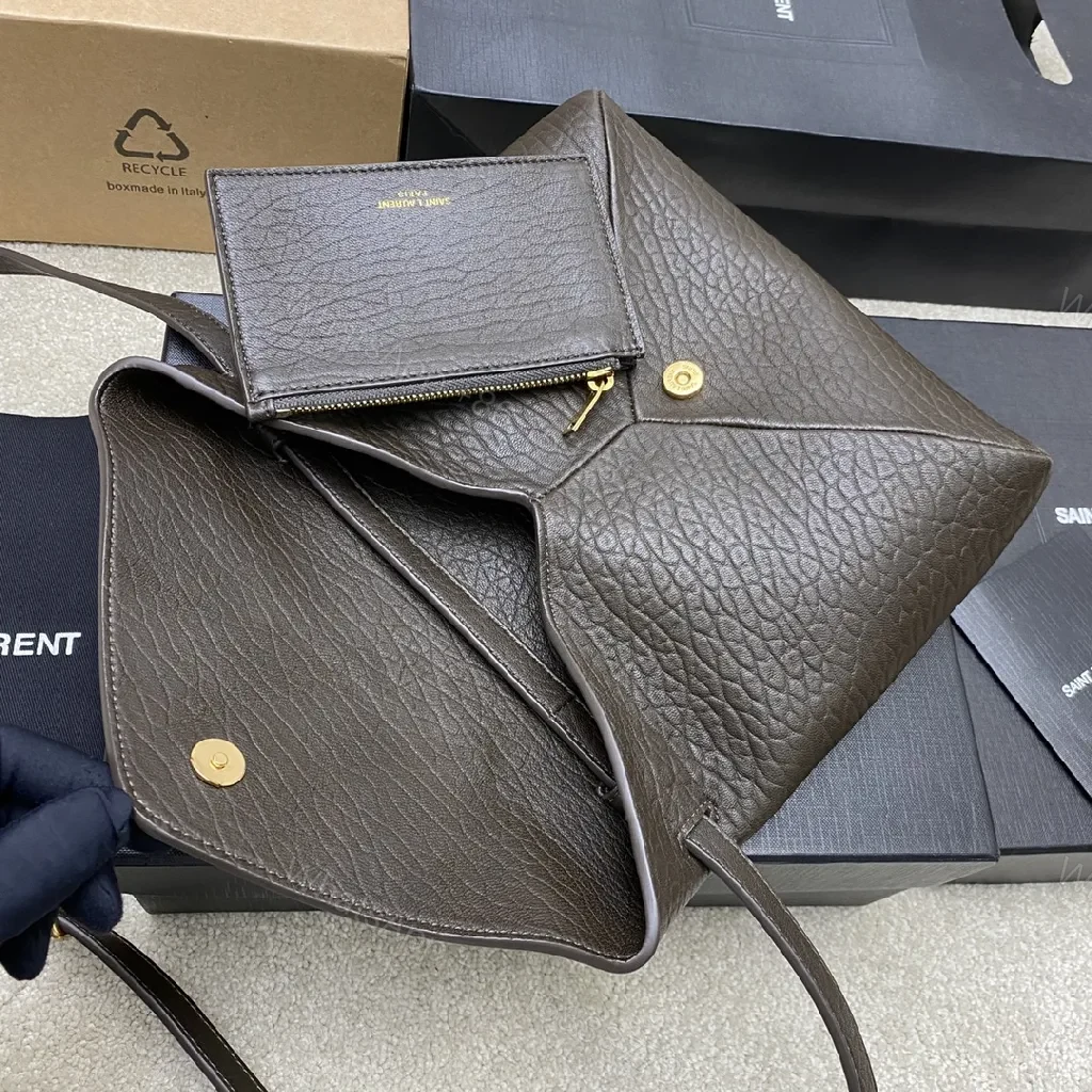 View 7 of Chic Brown Leather Shoulder Bag with Gold Logo, Structured Luxury