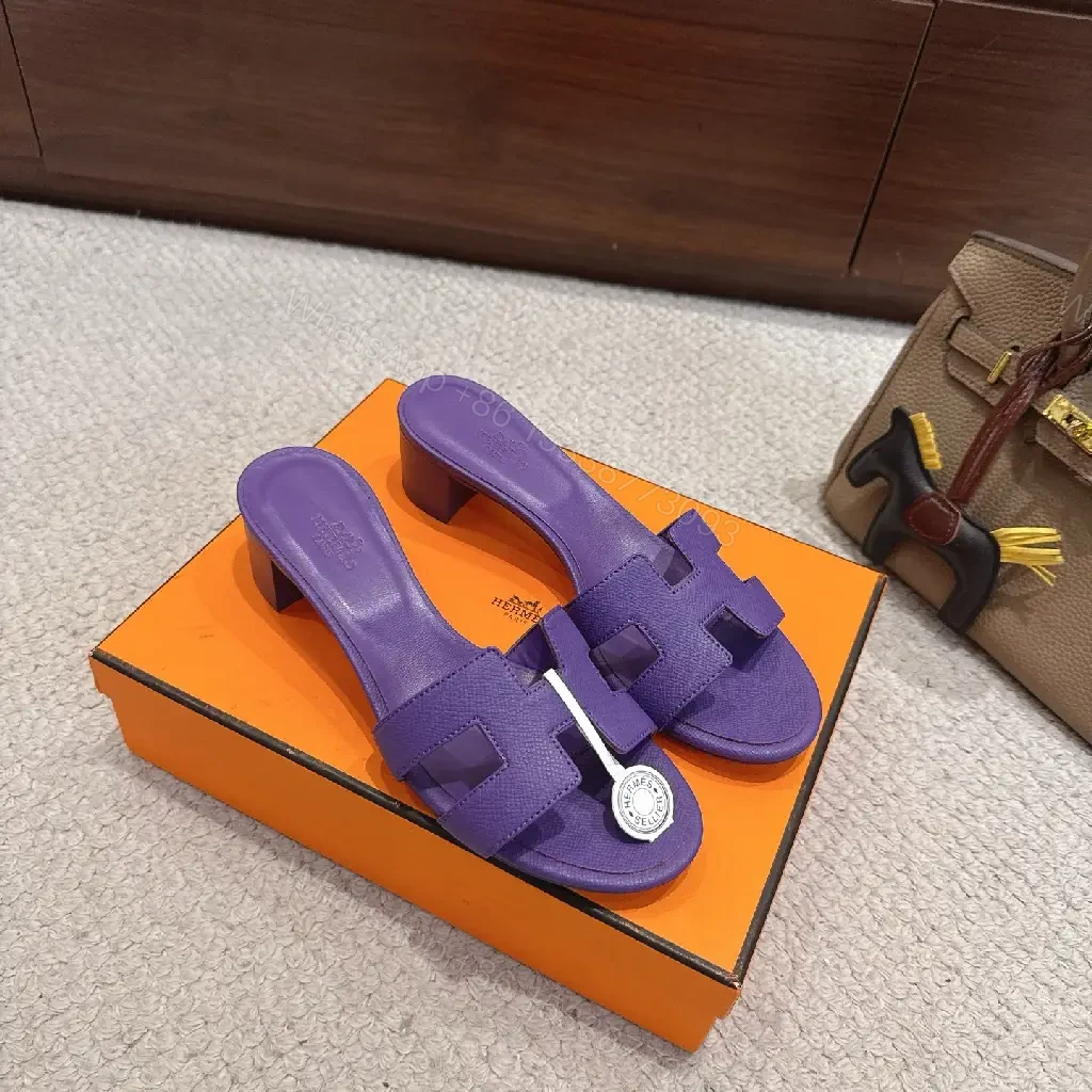 View 7 of Purple Leather Heeled Sandals Hermès-Style Slide Sandals