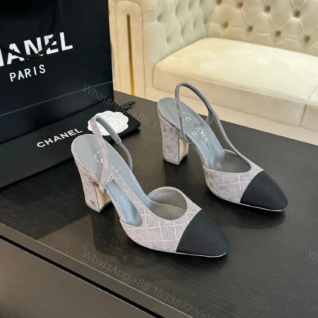 Plaid-Embellished Suede Slingbacks with Block Heel — view 1