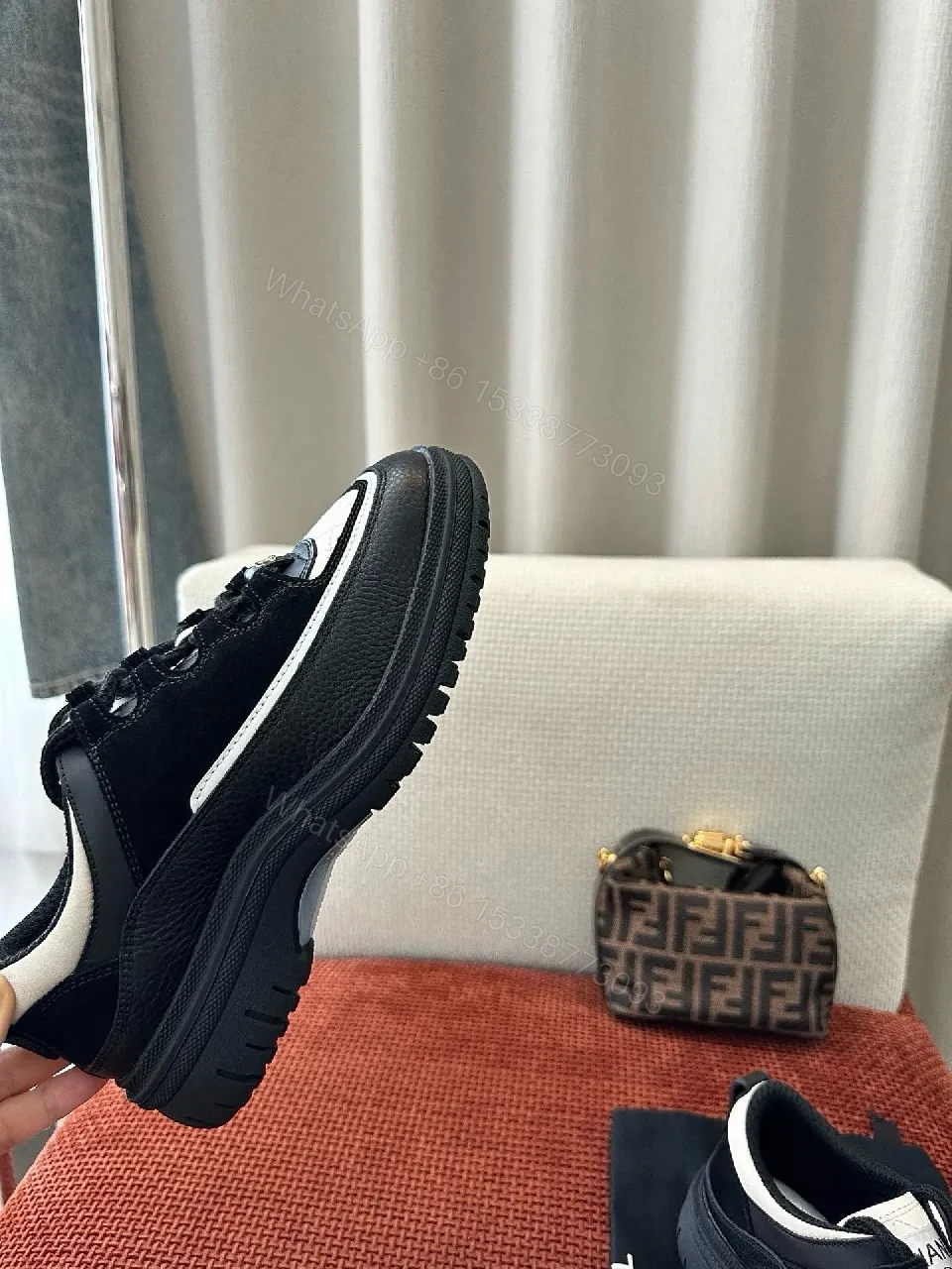 View 8 of Chic Black-White Leather High-Top Sneakers with Couture Detailing