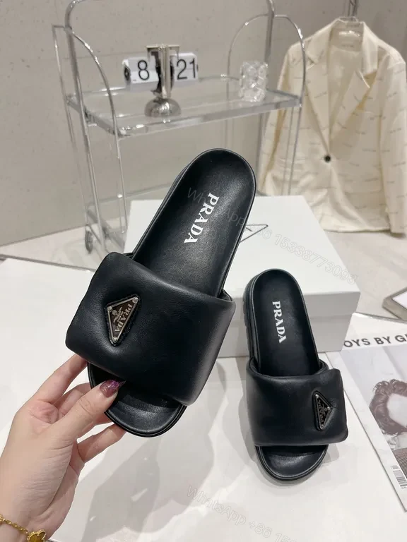 View 2 of Black Leather Prada-Style Minimalist Slide with Logo & Lug Outsole