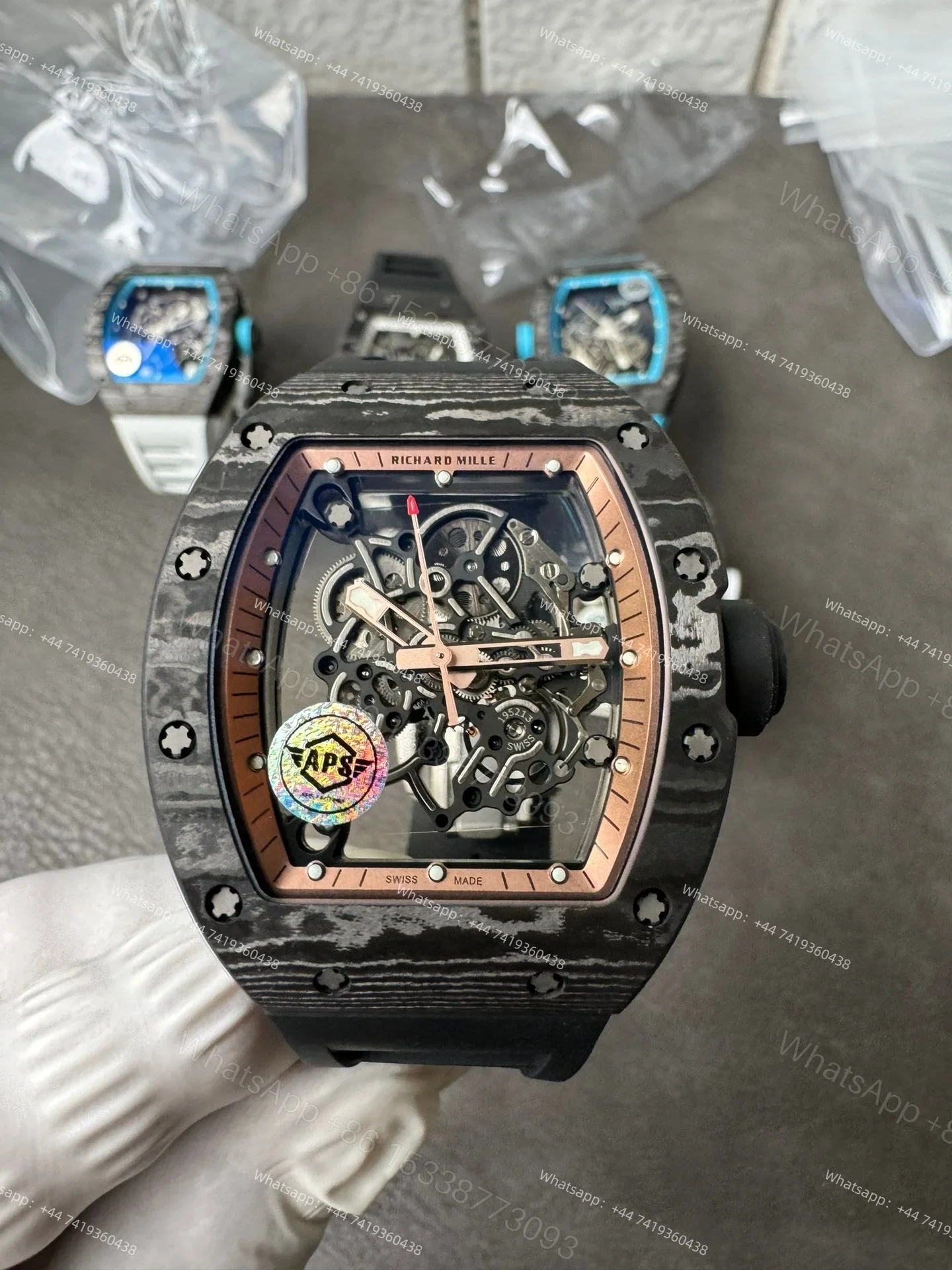 View 8 of Super Clone Richard Mille RM 055 Carbon TPT Rose Gold Skeleton 1:1 Replica Watch
