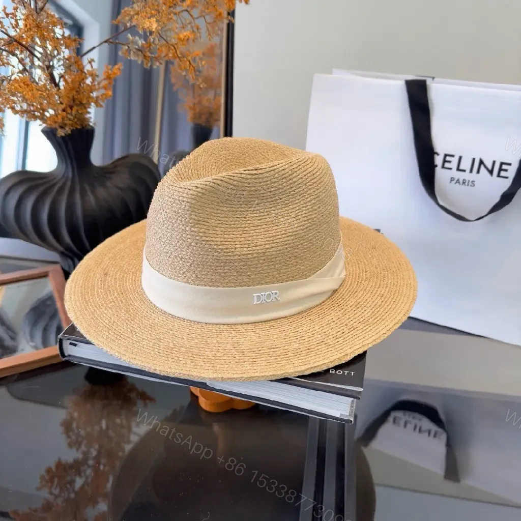 View 2 of Beige Straw Wide-Brim Hat Satin-Band Dior-Logo Crown