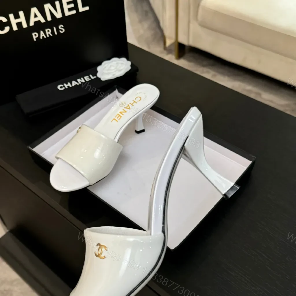 View 4 of White Patent Mules with Gold Logo – Elevating Everyday Glam