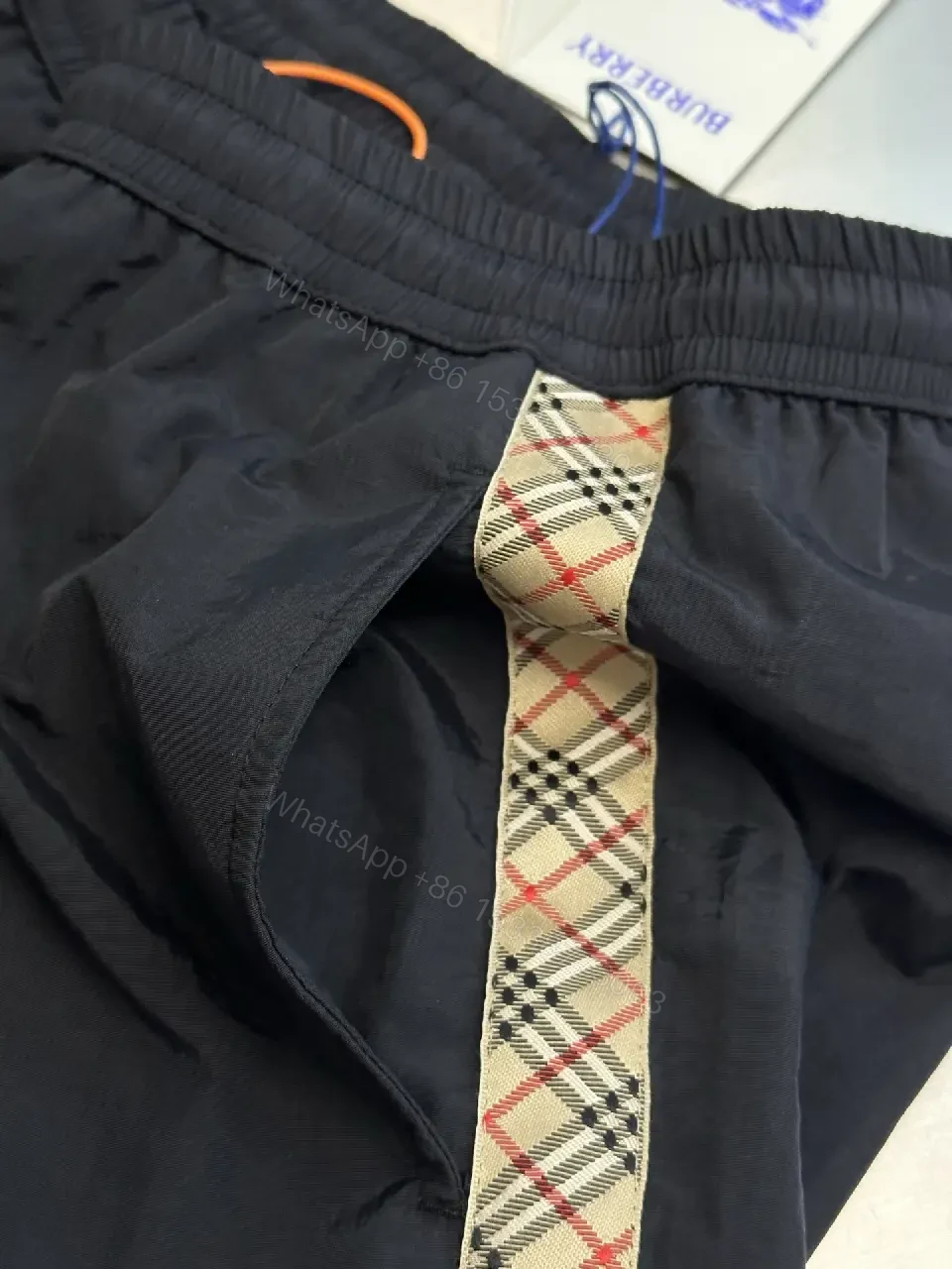 View 5 of Black Nylon Shorts Burberry Plaid Side Stripes Casual Elastic Waist Shorts