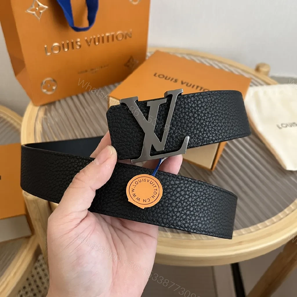 View 2 of Textured Black Leather Belt with Interlock Buckle - Modern Luxury Style