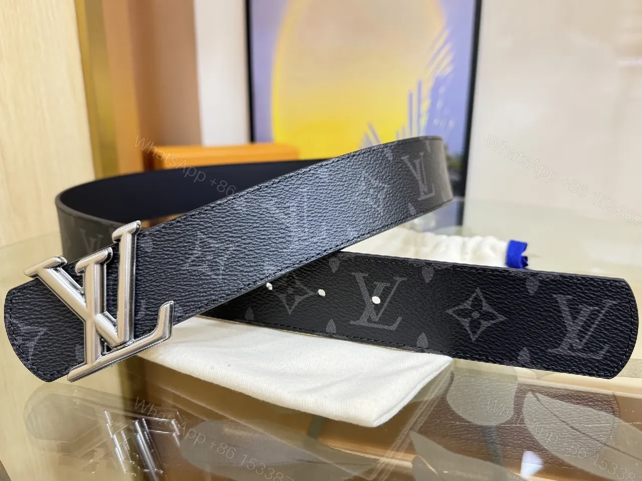 View 3 of Monogram Black Canvas Belt with Signature Buckle, Luxe Style