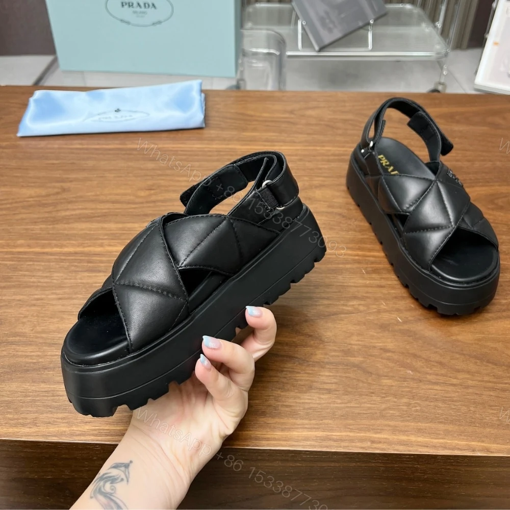 View 6 of PRADA NAPPA LEATHER CRISSCROSS FLATFORM SANDALS BLACK 1XZ777 038 F0002 F 045