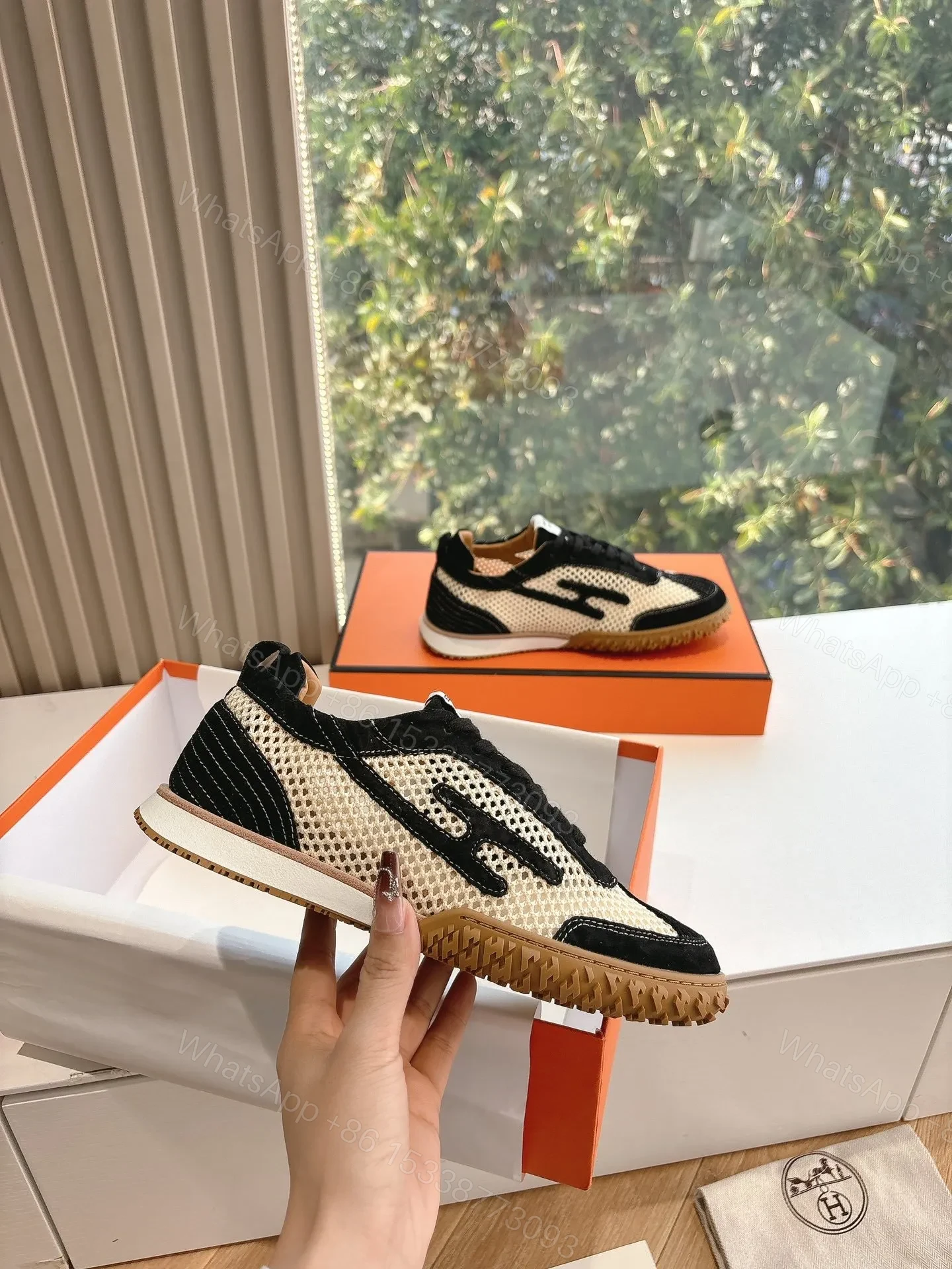 View 5 of Hermes Women Black And White Mesh Sneakers