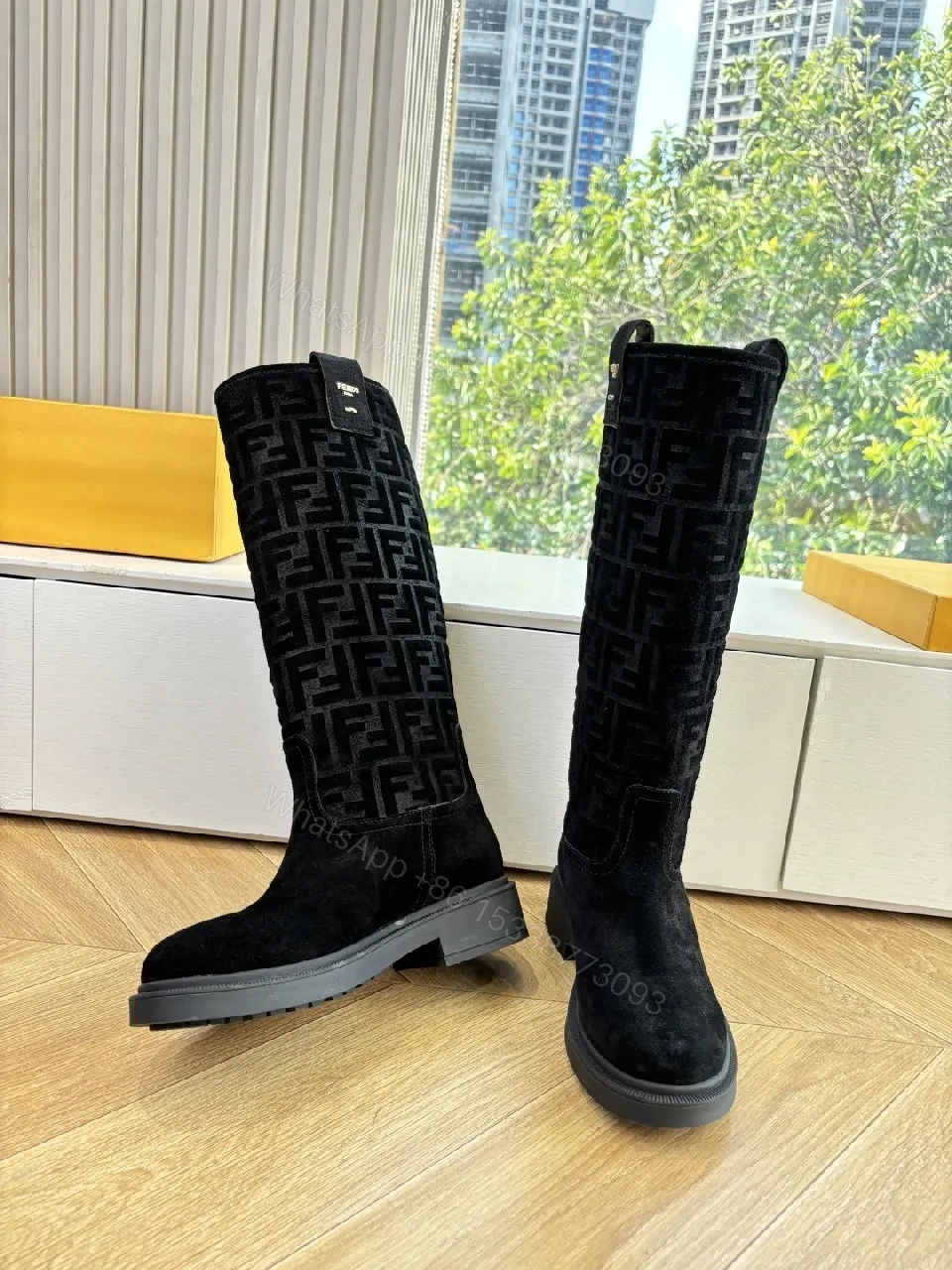 View 4 of Black Suede-Like Knee Boots with Signature Pattern Calf-Height Glam