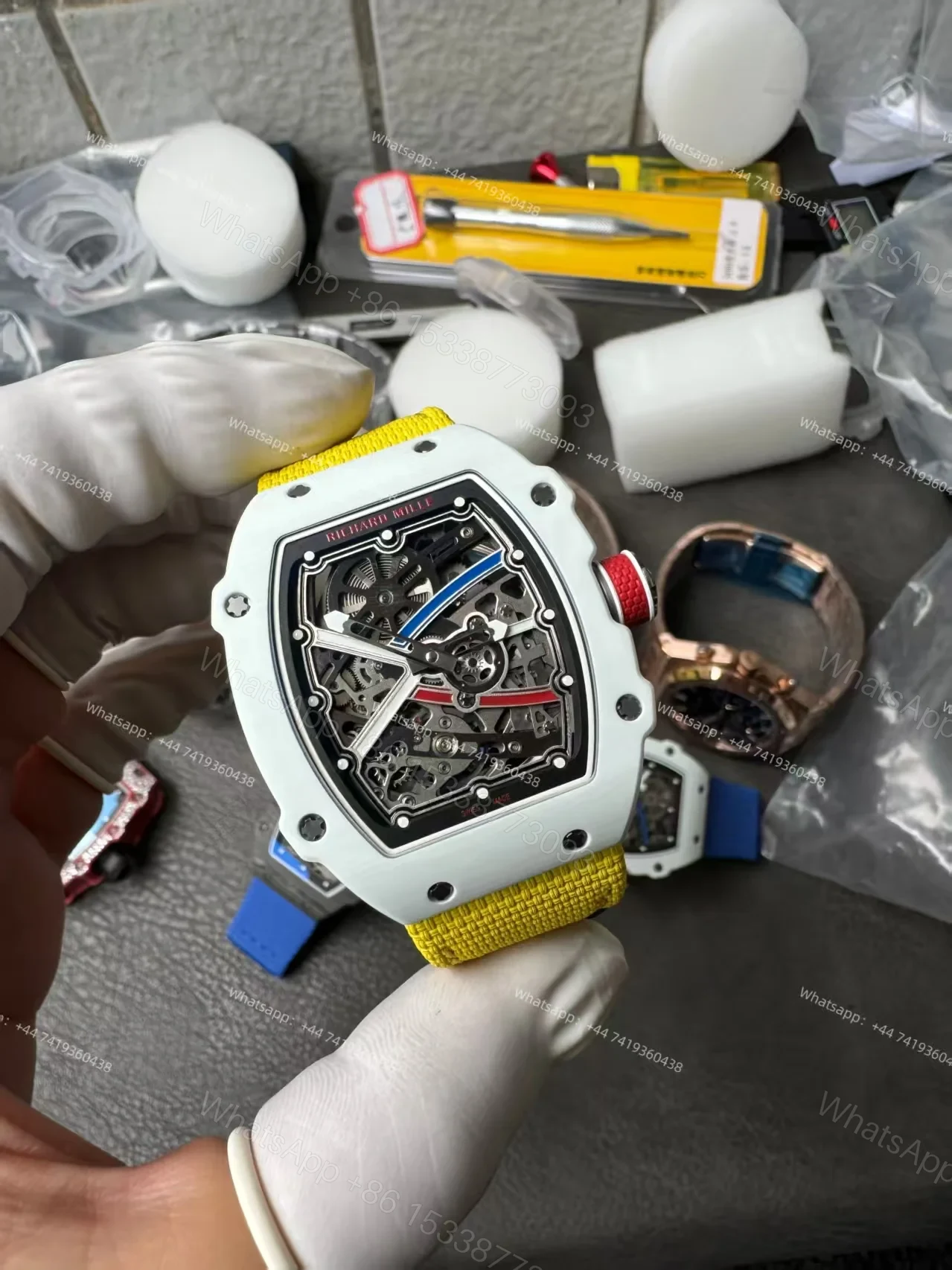 View 5 of Super Clone Richard Mille RM67-02 White Ceramic Skeleton Tourbillon 1:1 Replica Watch with Yellow Strap
