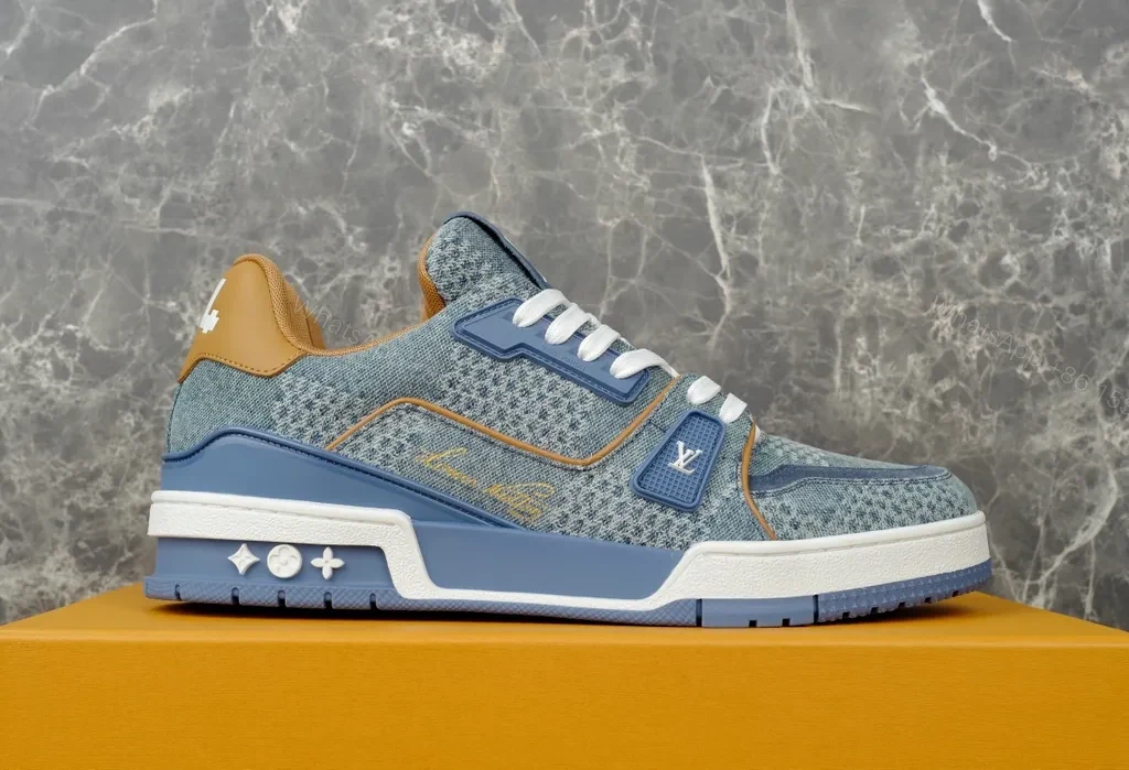 View 3 of Denim Luxe LV High-Top Trainer with Signature Monogram Details
