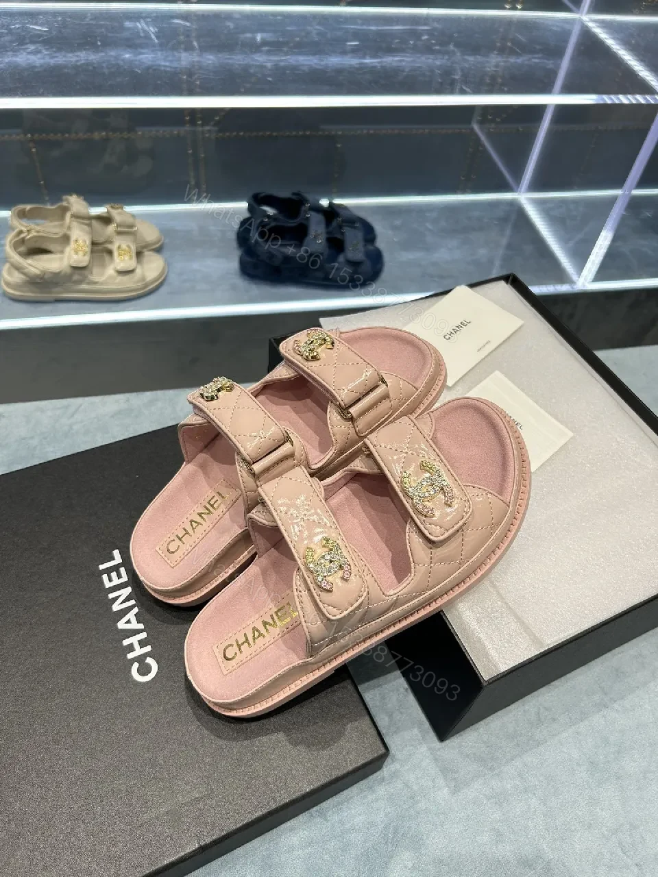 Soft Pink Quilted Sandals with Crystal Straps - All-Day Comfort — view 1