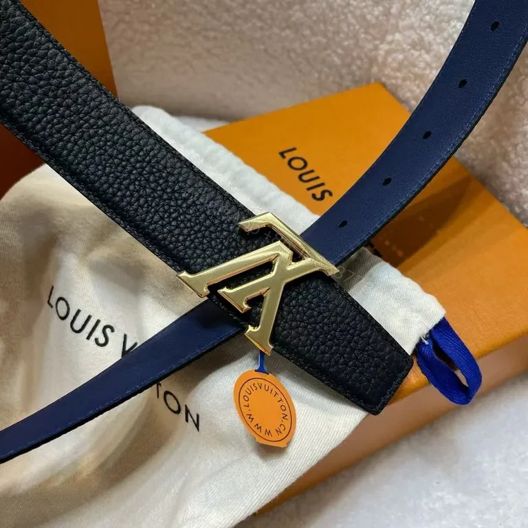 View 3 of Smart Black Leather Belt with LV-Style Buckle - Unisex Style Accessory