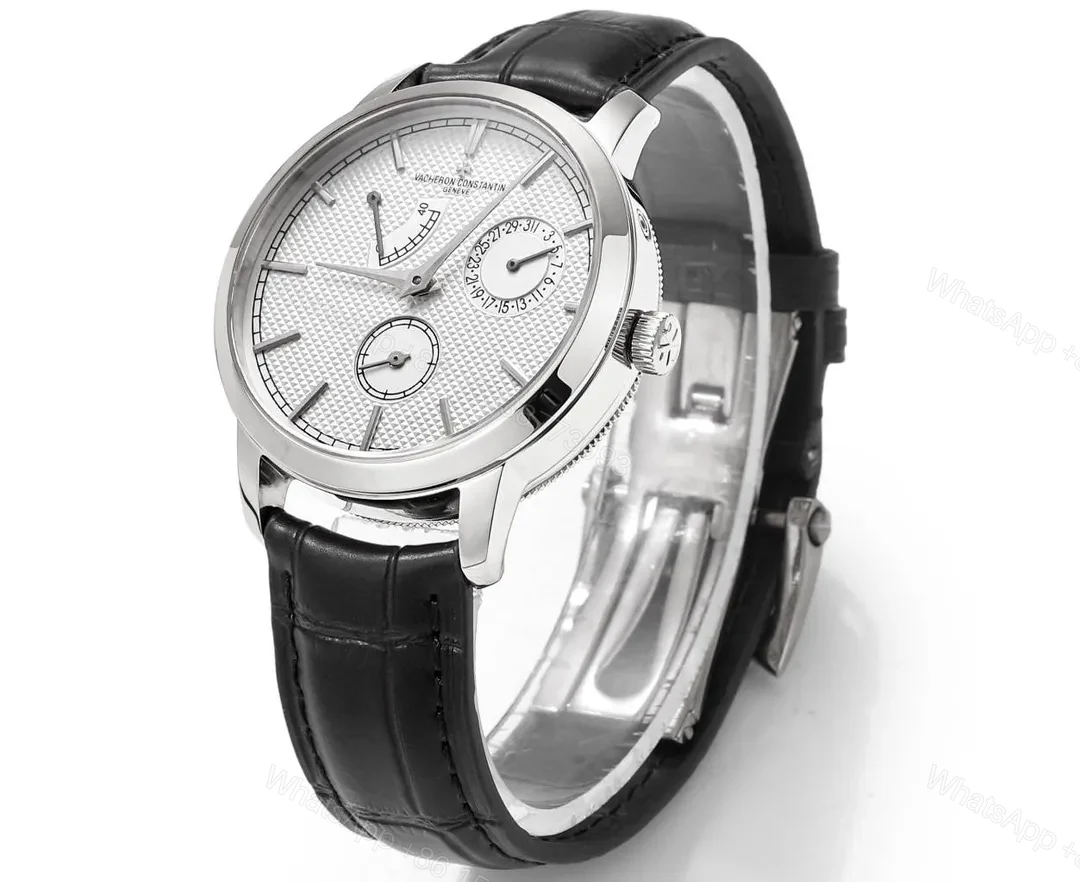 View 5 of GS Factory Vacheron Constantin Traditionnelle Mechanical Watch 83520/000R-9909 – Silver Dial, Black Leather Strap, 40mm Case, Power Reserve, Date, and Day Display
