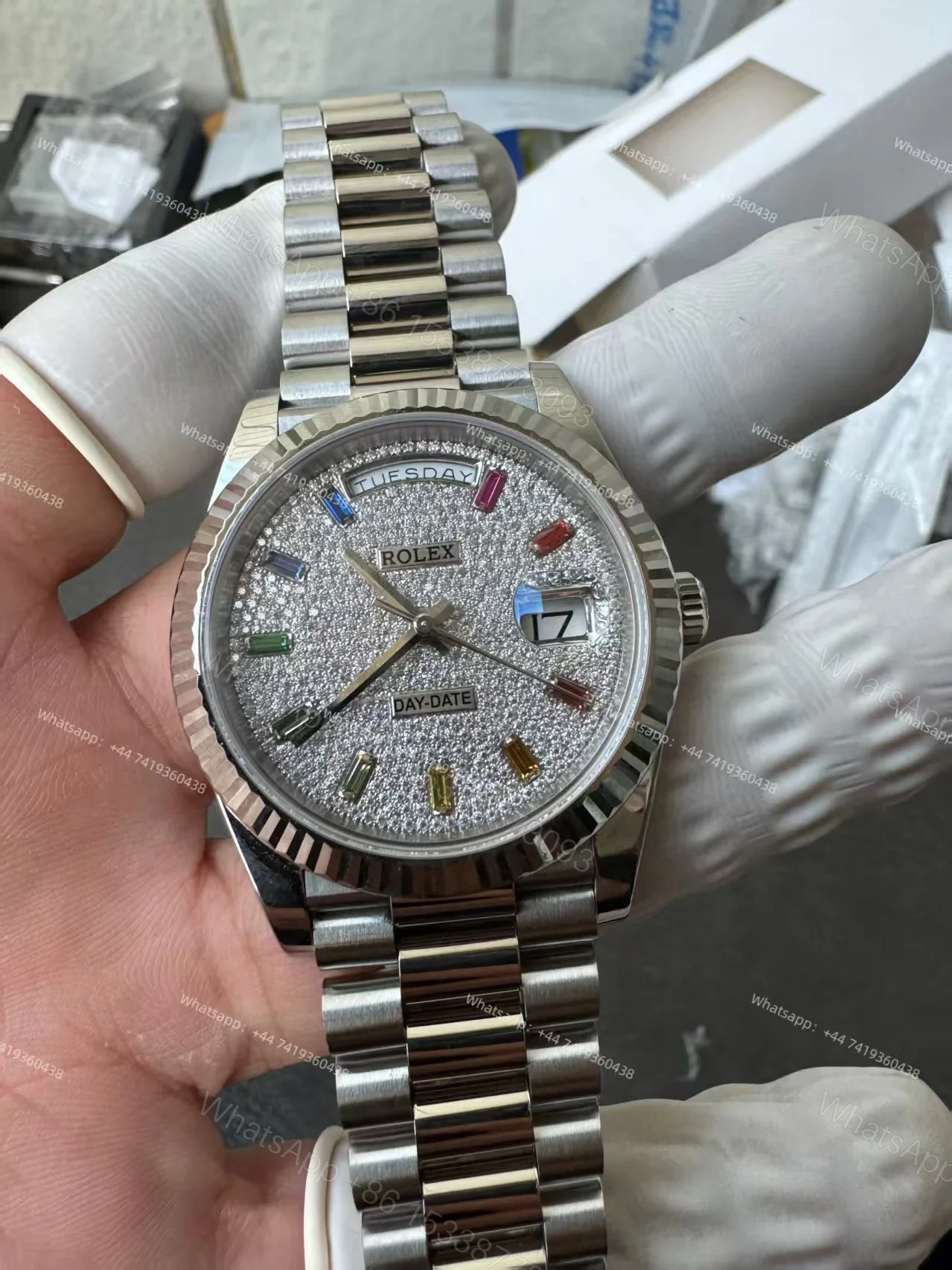 View 4 of Rolex Day-Date M128239-0019 1:1 Replica Moissanite Rainbow Diamond Dial 36MM 3255 Movement Presidential Bracelet Super Clone Watch