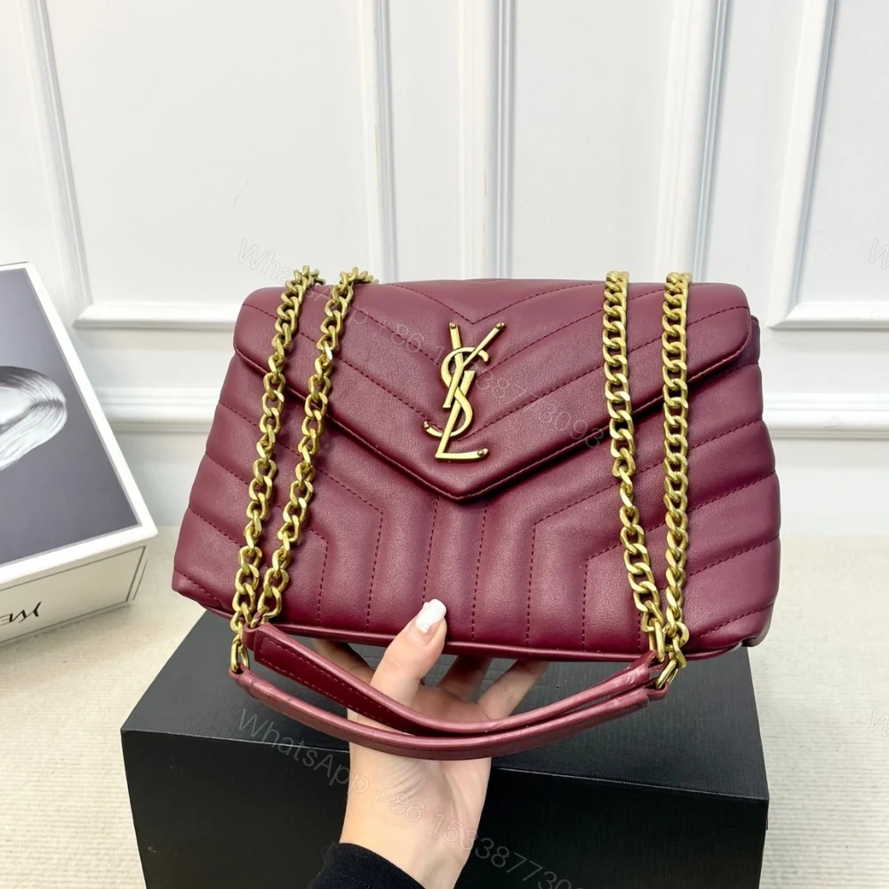 View 3 of Saint Laurent Loulou Medium Chain Bag In Matelassé Y Burgundy Gold 26Cm
