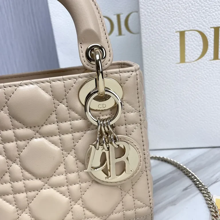 View 3 of Beige Vegan Leather Quilted Handbag with Dior Charm