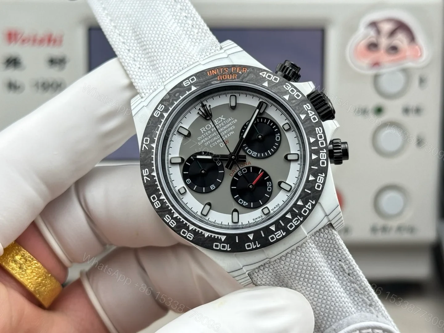 View 2 of Rolex Daytona Carbon Fiber Panda White Strap Replica 40MM Premium Black Bezel EditionRG-ROLEX-DAYTONA-R74-WHITE-STRAP