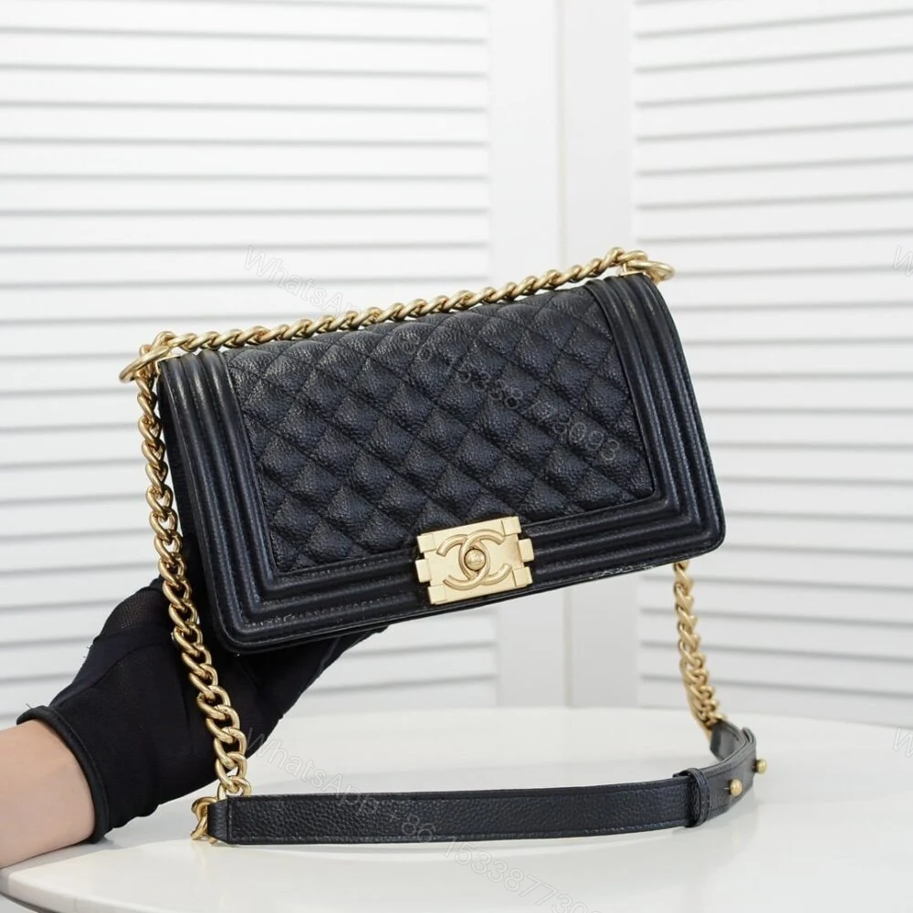 View 2 of Chanel Boy Medium Handbag Grained And Gold Tone Metal Black 25Cm