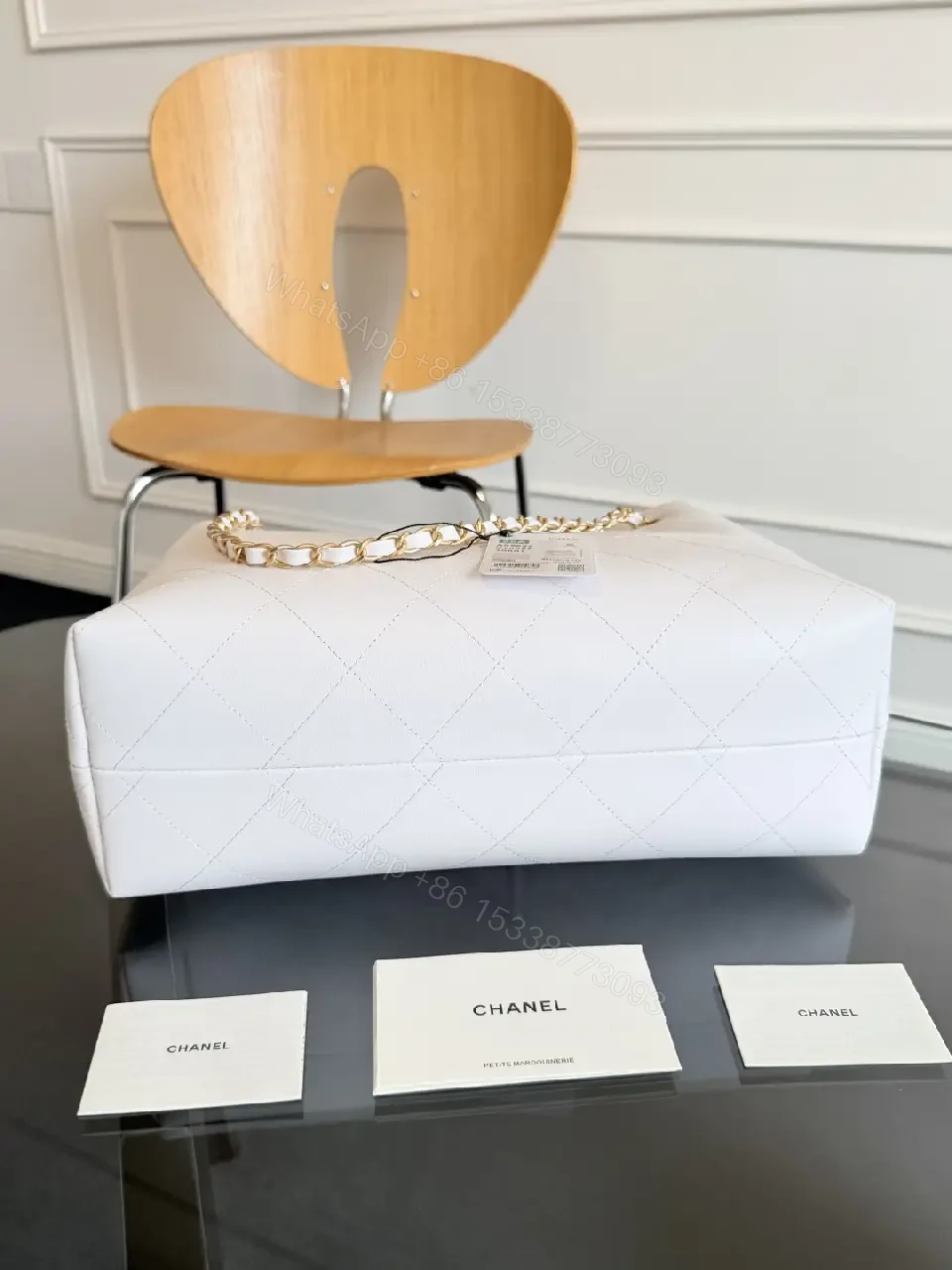 View 13 of White Quilted Tote with Gold Chain - Structured, Luxe Classic