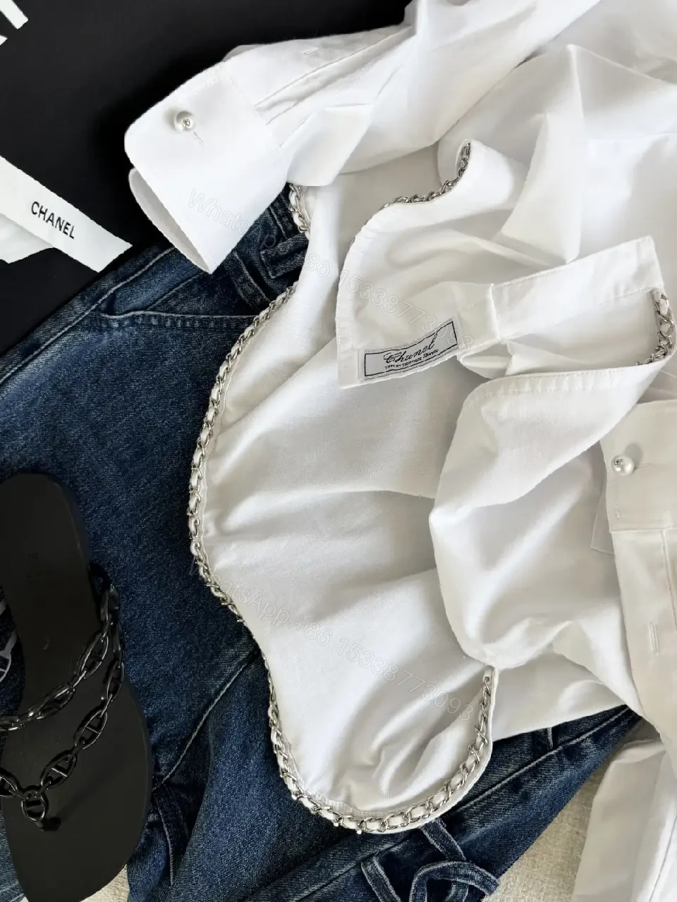 View 10 of White Cotton Shirt Cropped Style with Red Embroidered Chanel Lettering Shirt
