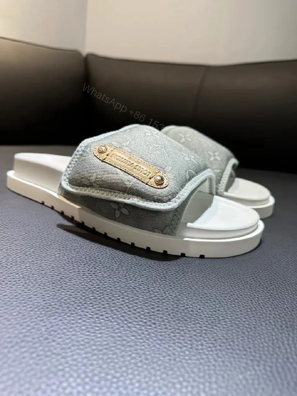 View 5 of Denim-Trim Monogram Slides: chic, all-day comfort