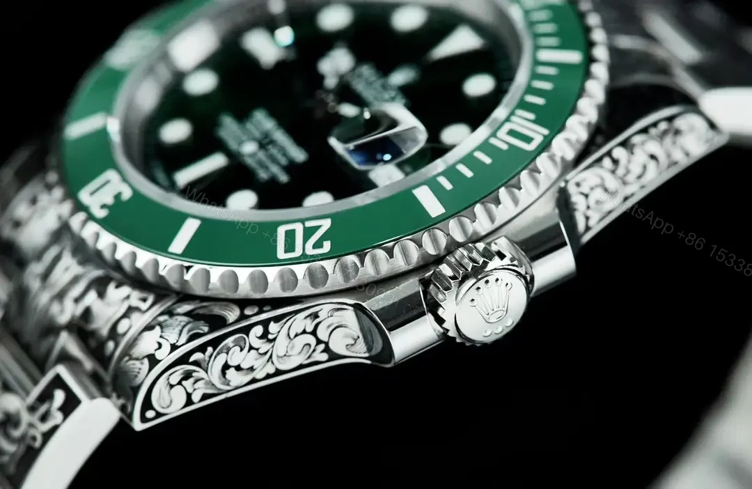 View 4 of Best Rolex Submariner Hand-Carved Green replica 40MM Engraved Steel Bracelet Edition RG-SUB-HANDCARVED-GREEN-BRACELET-40