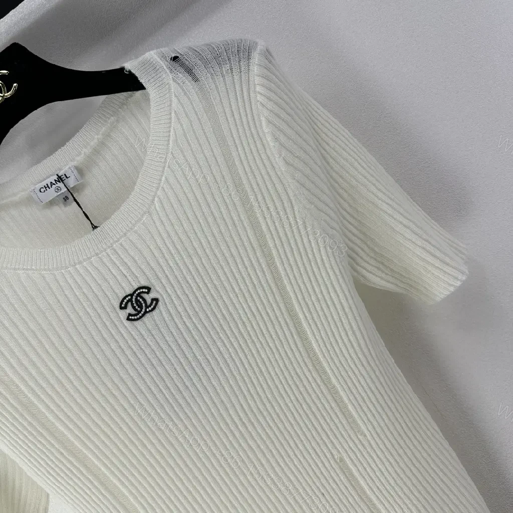 View 4 of Minimalist Ribbed Knit Tee with Subtle Crest Logo - White/Creme, Premium Knit, Crewneck Tee