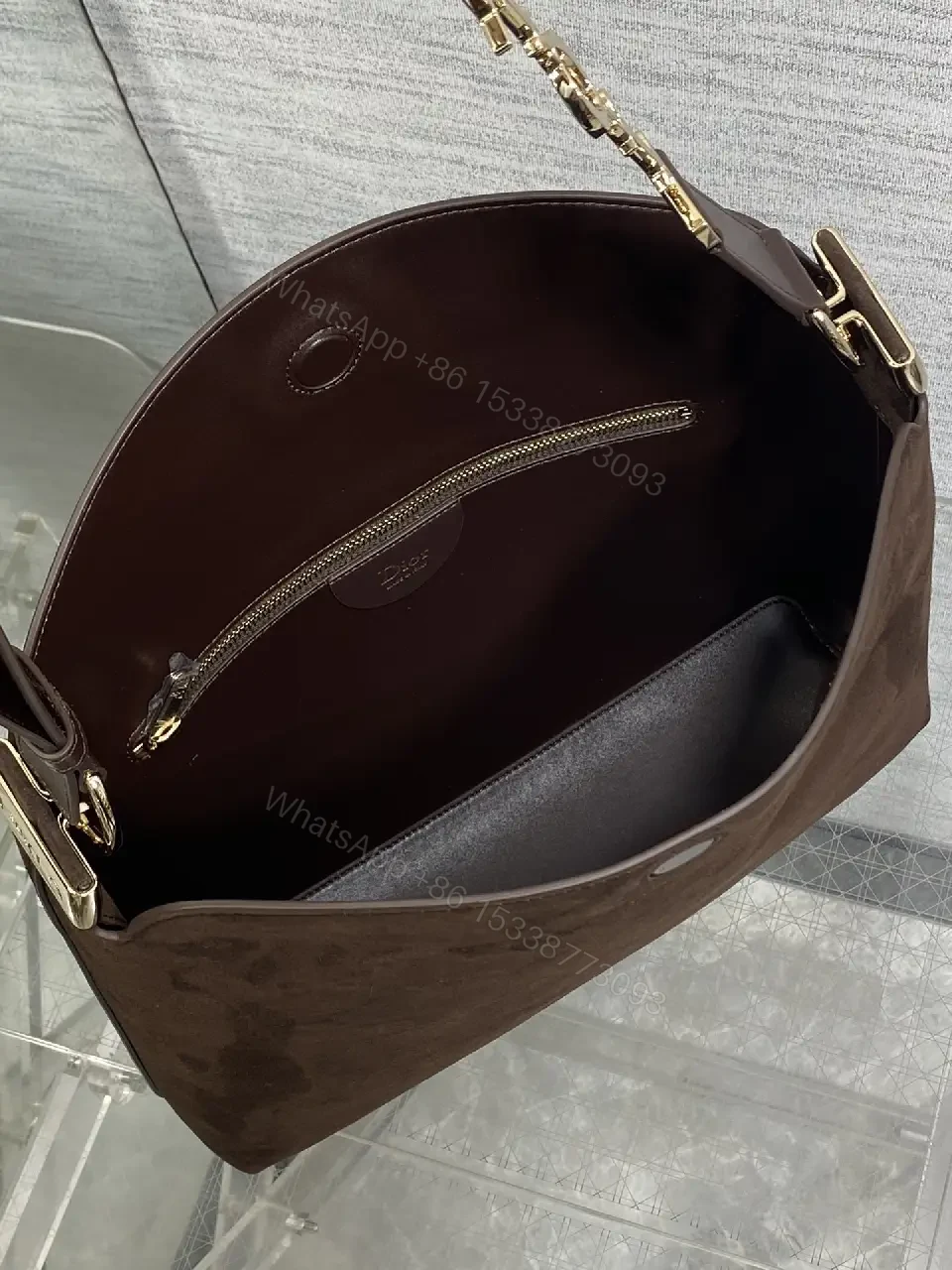 View 4 of Chic Minimalist Crossbody in Rich Brown Suede, Gold Hardware