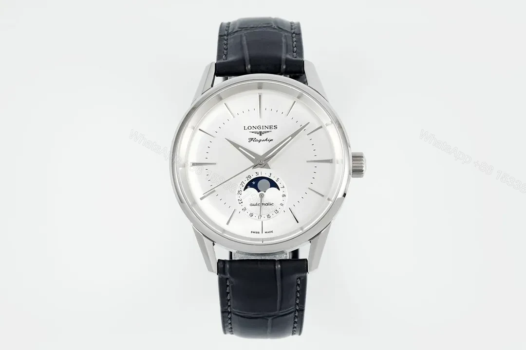 Longines Classic Flagship Moonphase Watch Silver Dial Black Leather Strap — view 1