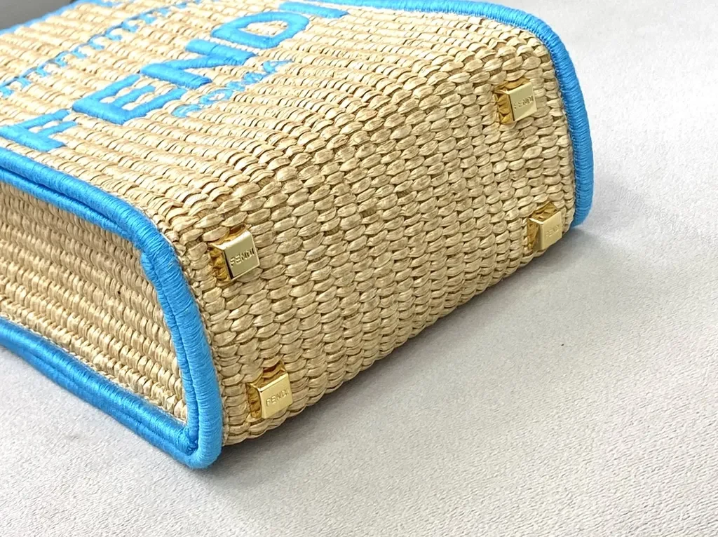 View 9 of Blue Leather-Trim Straw Tote by FENDI ROMA, Luxe Crossbody-Ready