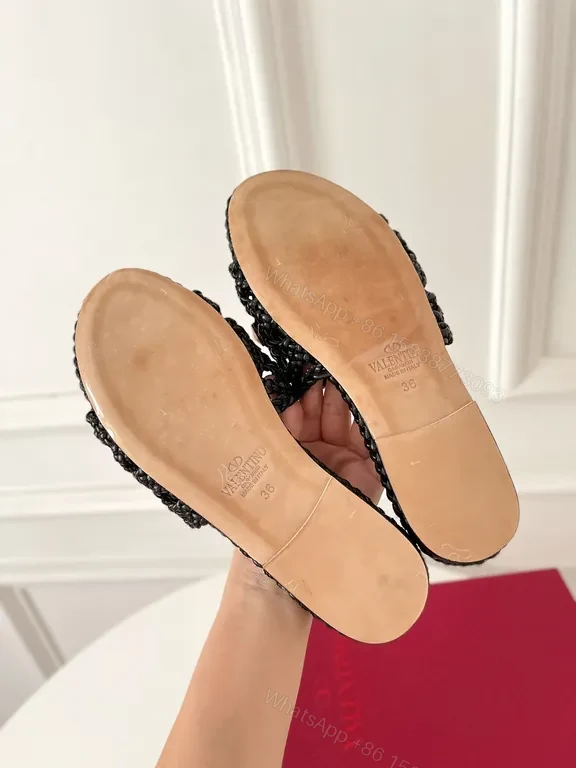 View 5 of Valentino Black Braided Slides with Gold Studs - Luxury Sandal