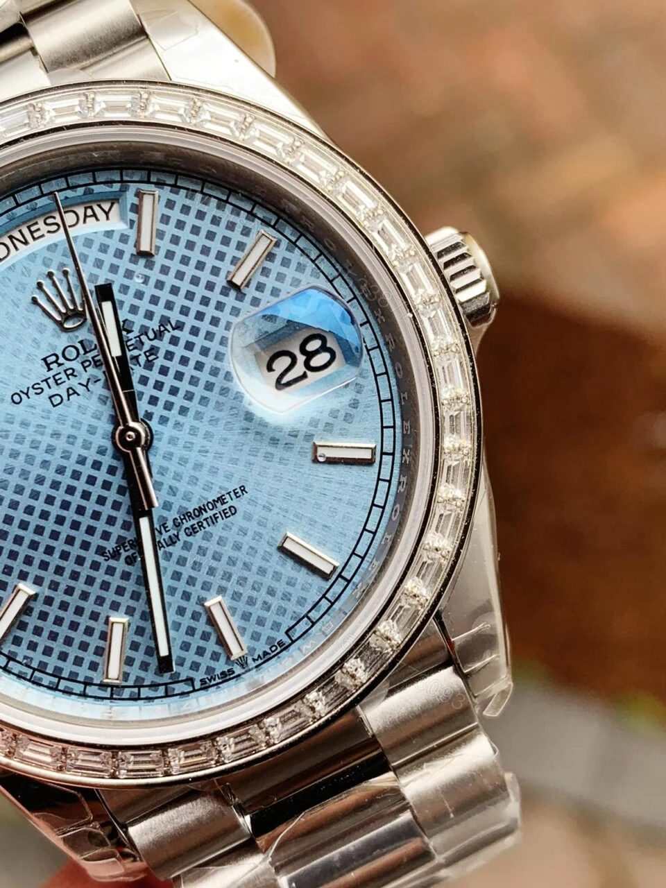 View 2 of SS Factory 1:1 Rolex Day Date II Best Edition BAGUETTE DIAMONDS Bezel Ice Blue Dial Crystal Markers A3255