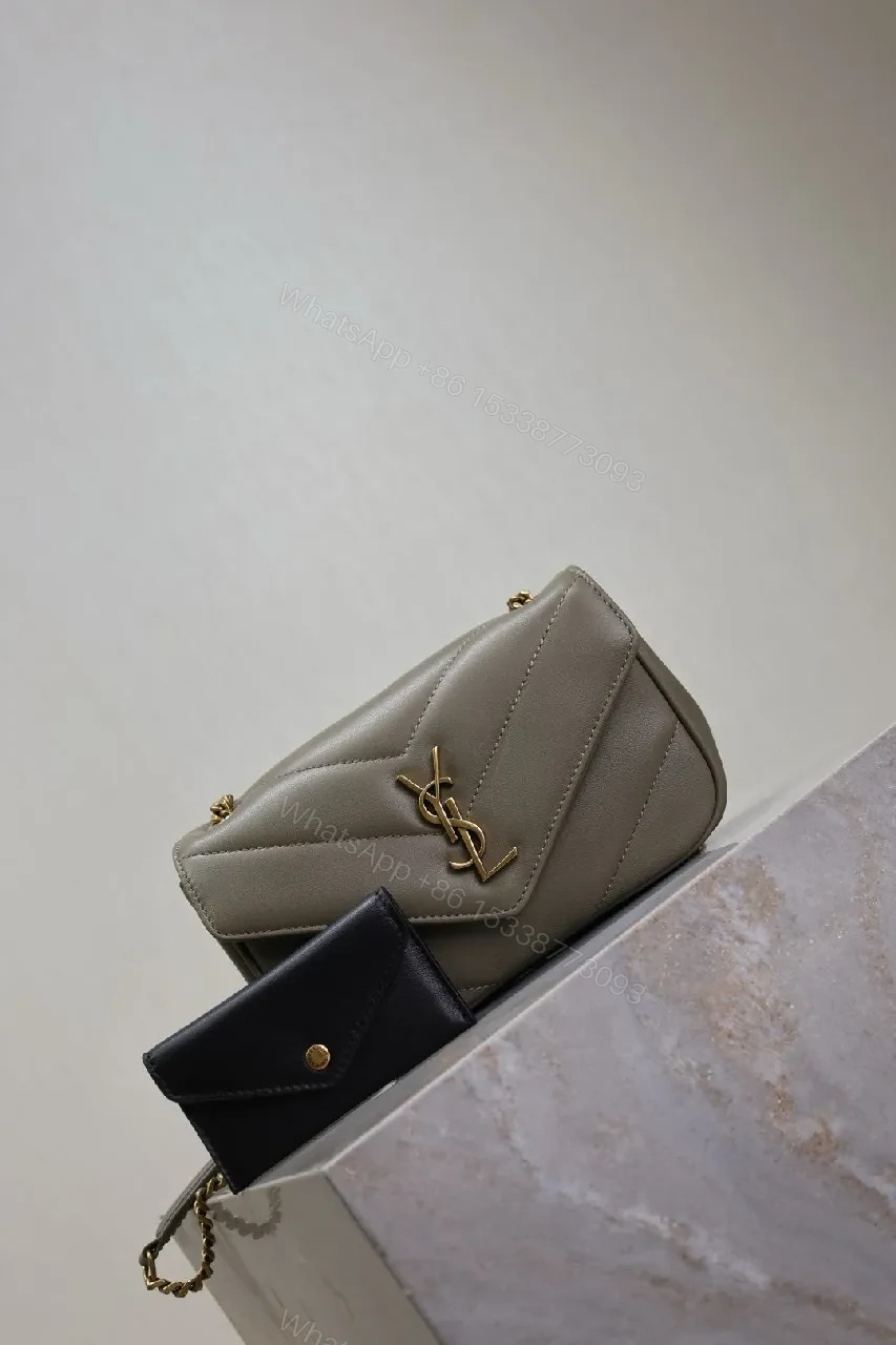 View 8 of Taupe Grained Leather Quilted Shoulder Bag with Gold Hardware