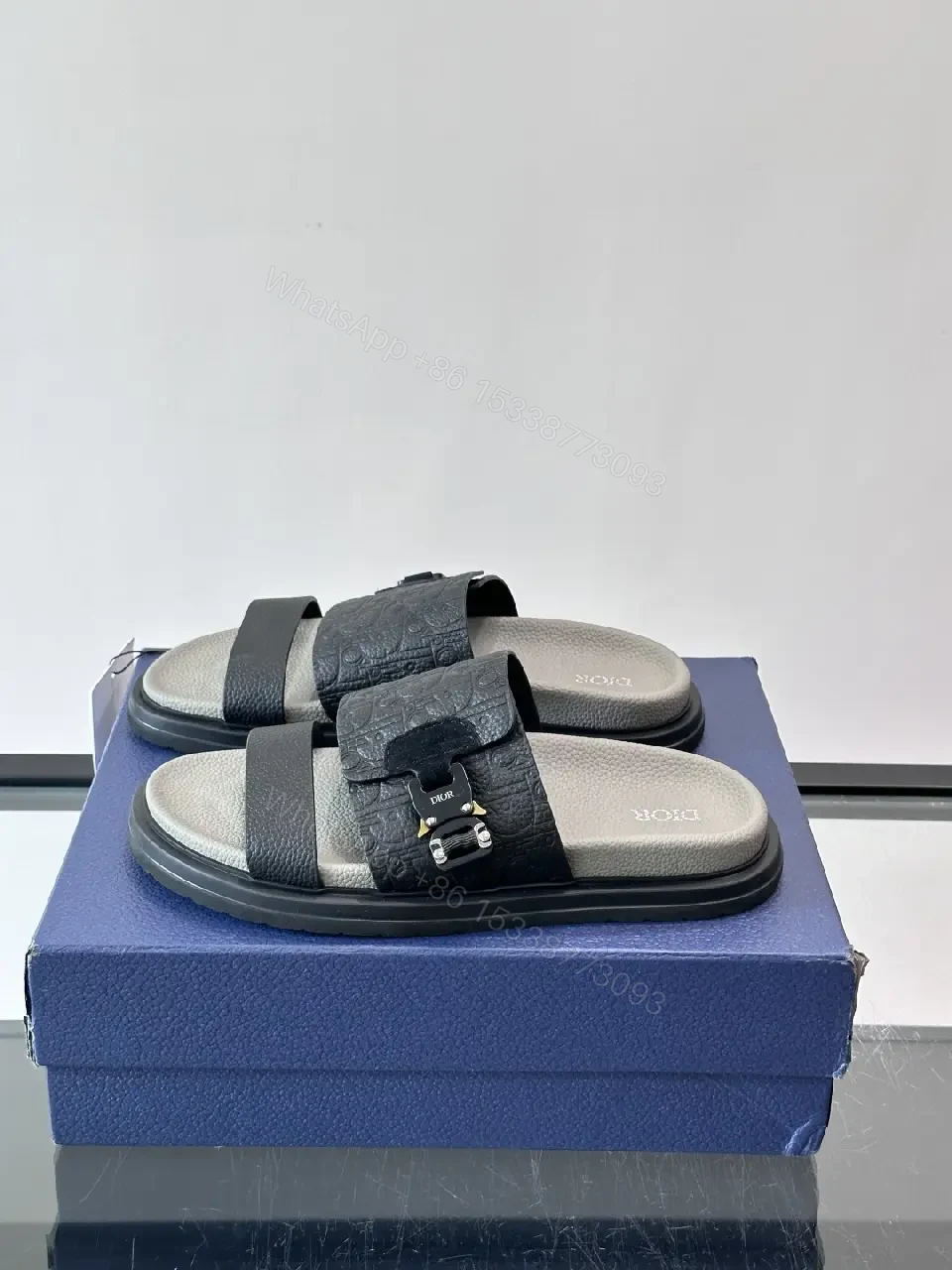 View 9 of Black Leather Dior Sandals with Buckle Feature Sliders