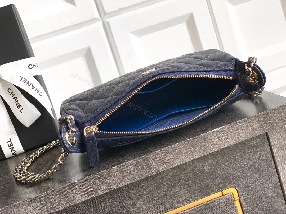 View 8 of Navy Quilted Crossbody: Gold-Emblem, Compact Luxury Bag