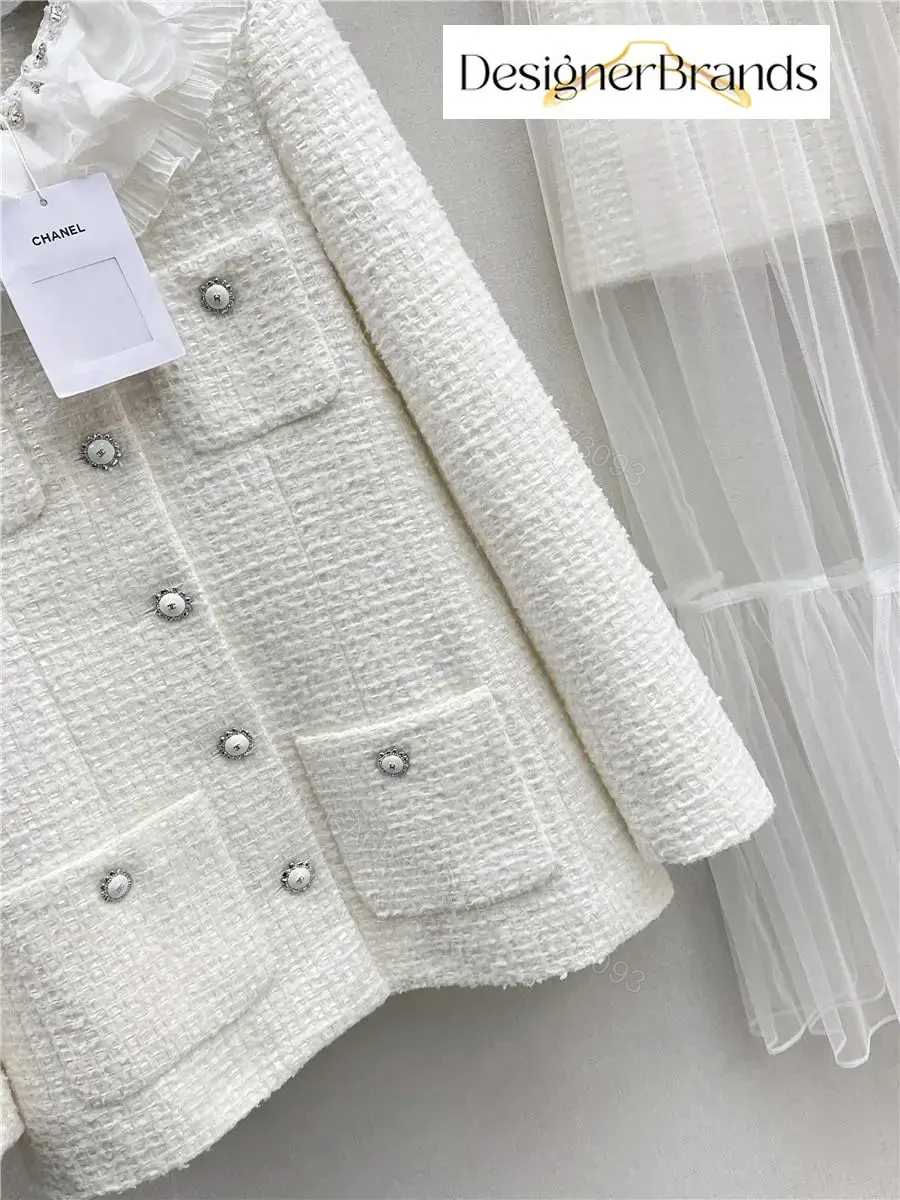 View 7 of Ivory Tweed Blazer with Ruffle Collar – Luxe, Structured Style