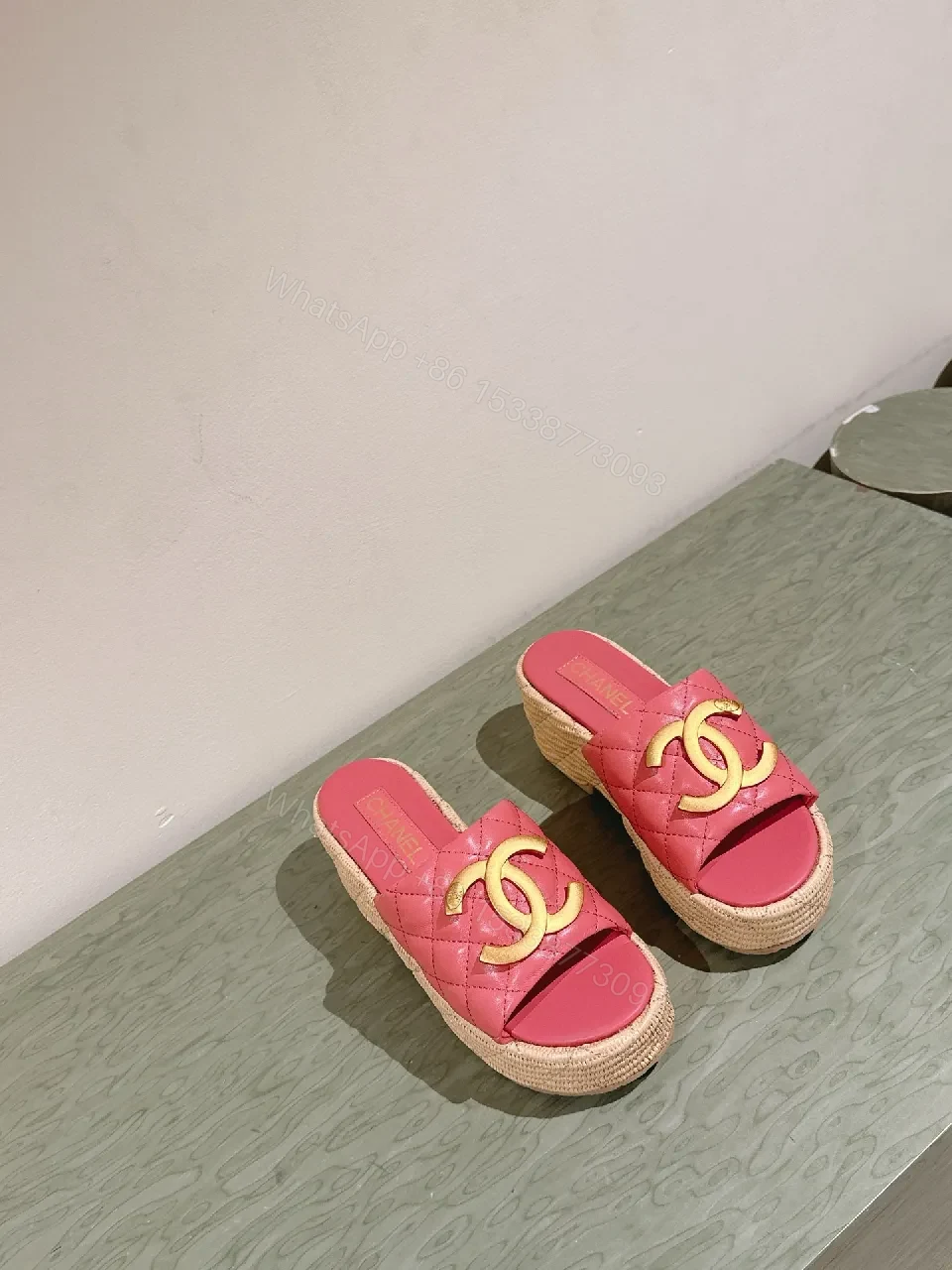 View 2 of Pink Quilted Espadrille Platform Sandals with Metallic Hardware