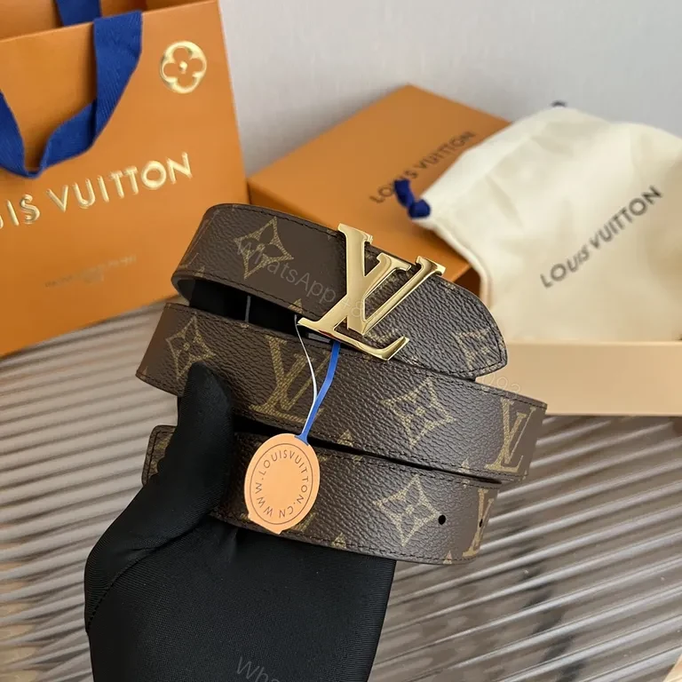 View 3 of Premium Leather Belt with Gold LV Interlock Buckle