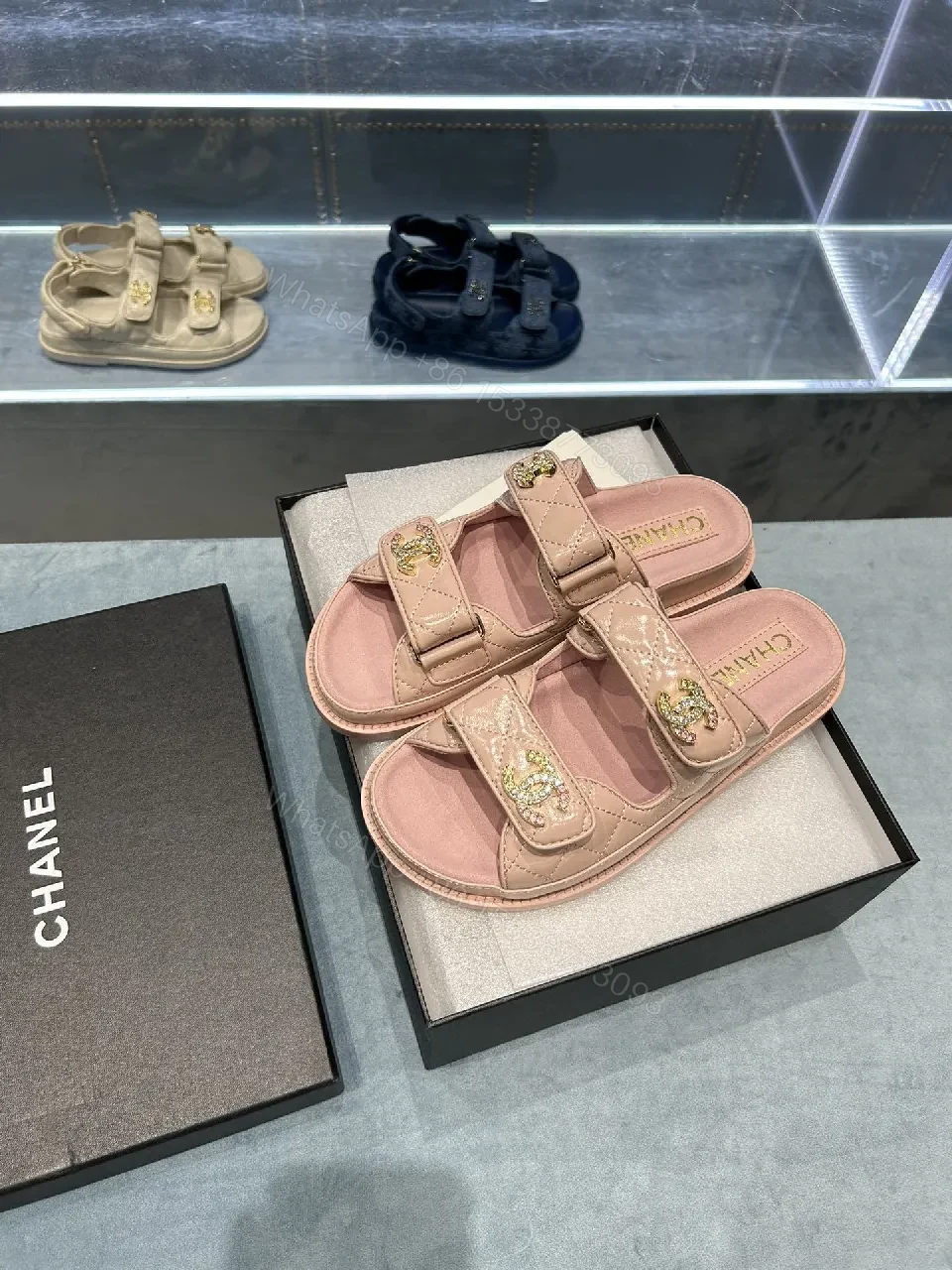 View 7 of Soft Pink Quilted Sandals with Crystal Straps - All-Day Comfort