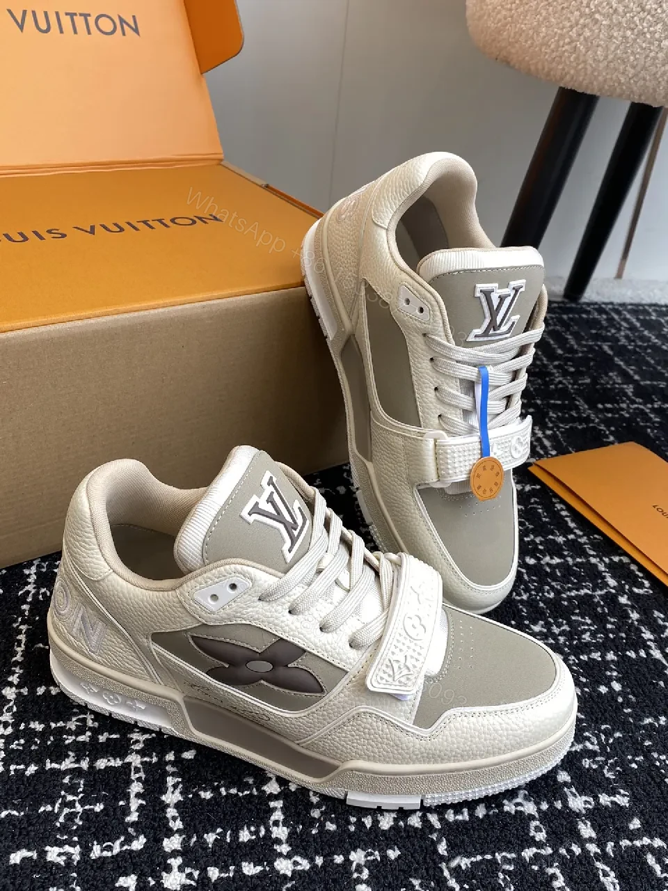 Chunky Luxury Sneaker: Neutral Leather, Velcro Strap, High-Top Footwear — view 1