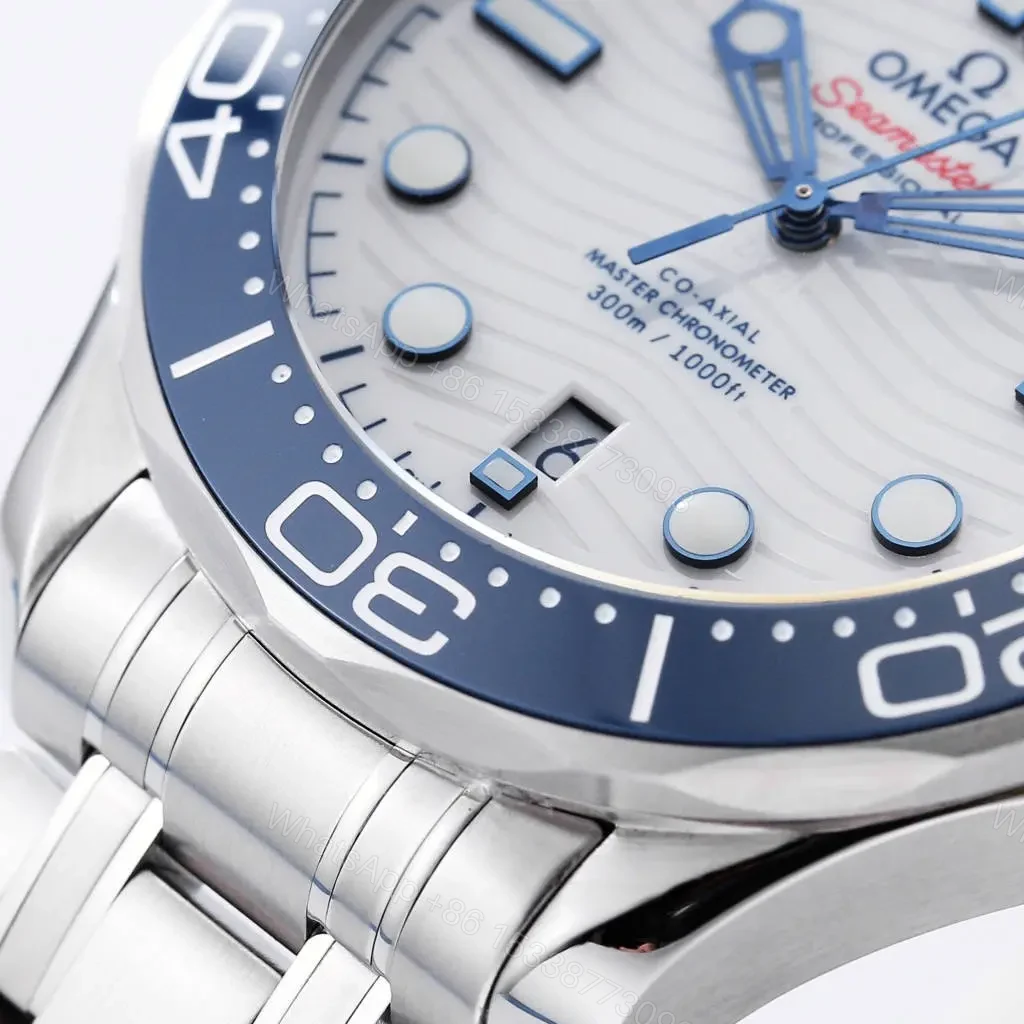 View 5 of Omega Seamaster 300M Replica Watch White Dial Blue Bezel 42mm Stainless Steel Case and Bracelet Custom 8800 Movement