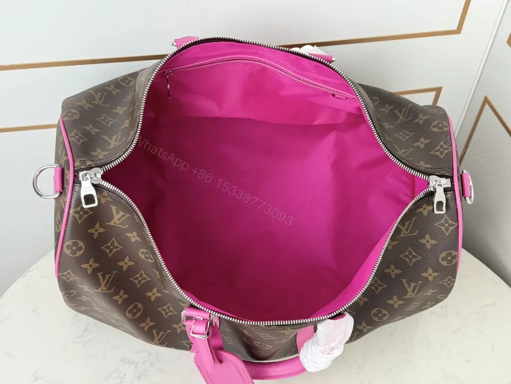 View 2 of Pink LV-Style Monogram Duffel: Luxe Crossbody-Ready Bag