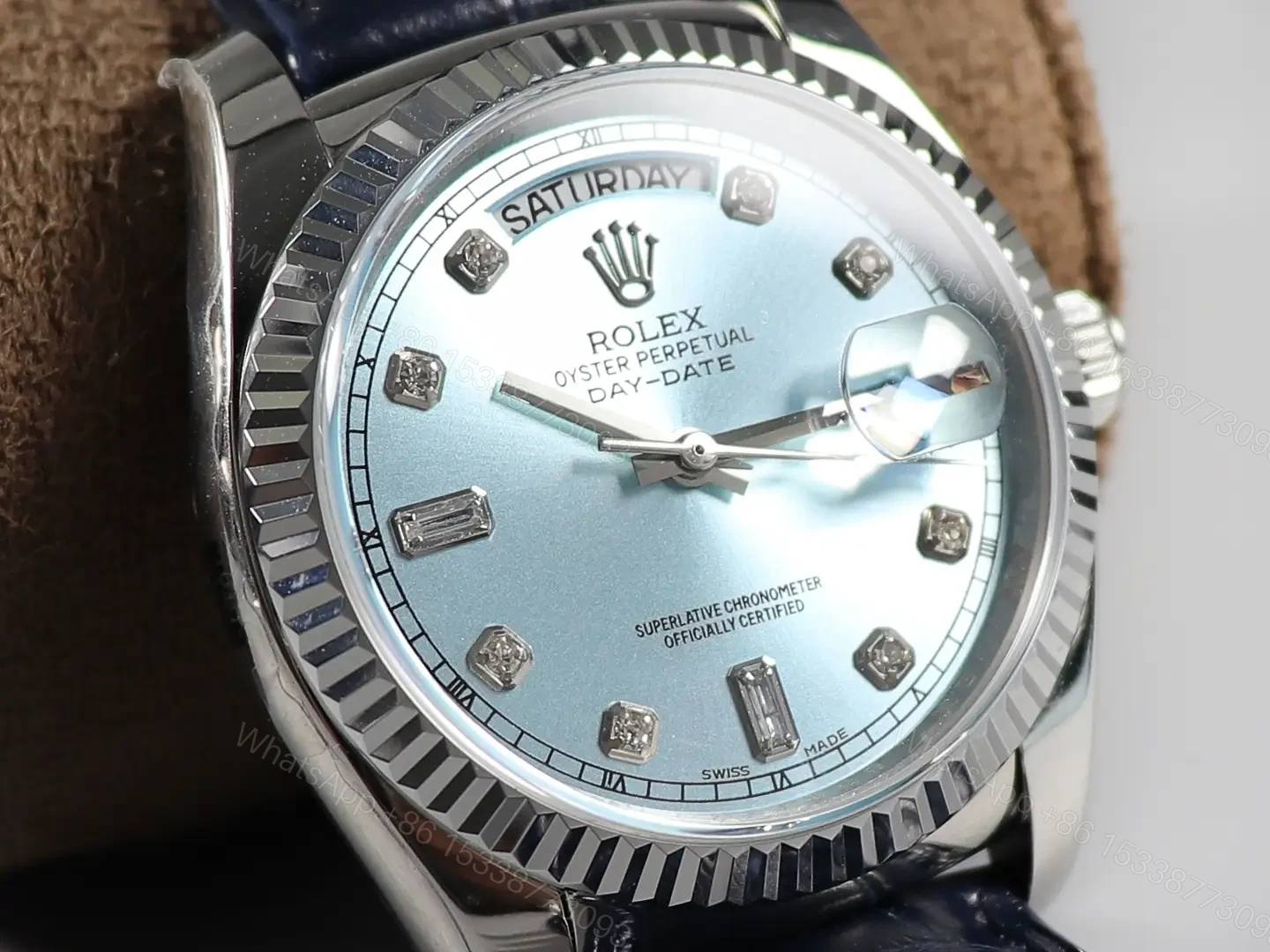View 3 of Fake Rolex Day-Date Ice Blue Diamond Premium 128236-ROLEX-DD36-ICE-DIA ROLEX-DD36-ICE-DIA Leather Strap 36MM