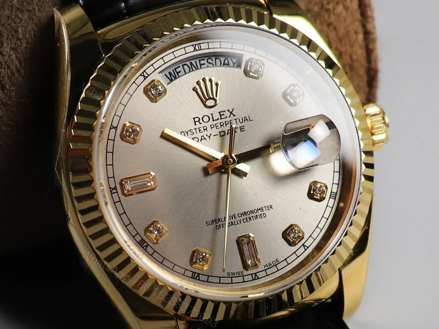 View 3 of Fake Rolex Day-Date Champagne Diamond Premium Leather Strap 36MM ROLEX-DD36-CHAMP-DIA