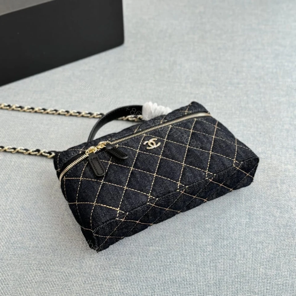 View 4 of Chanel Classic Vanity with Chain Gold Metal Denim Dark Blue 19cm