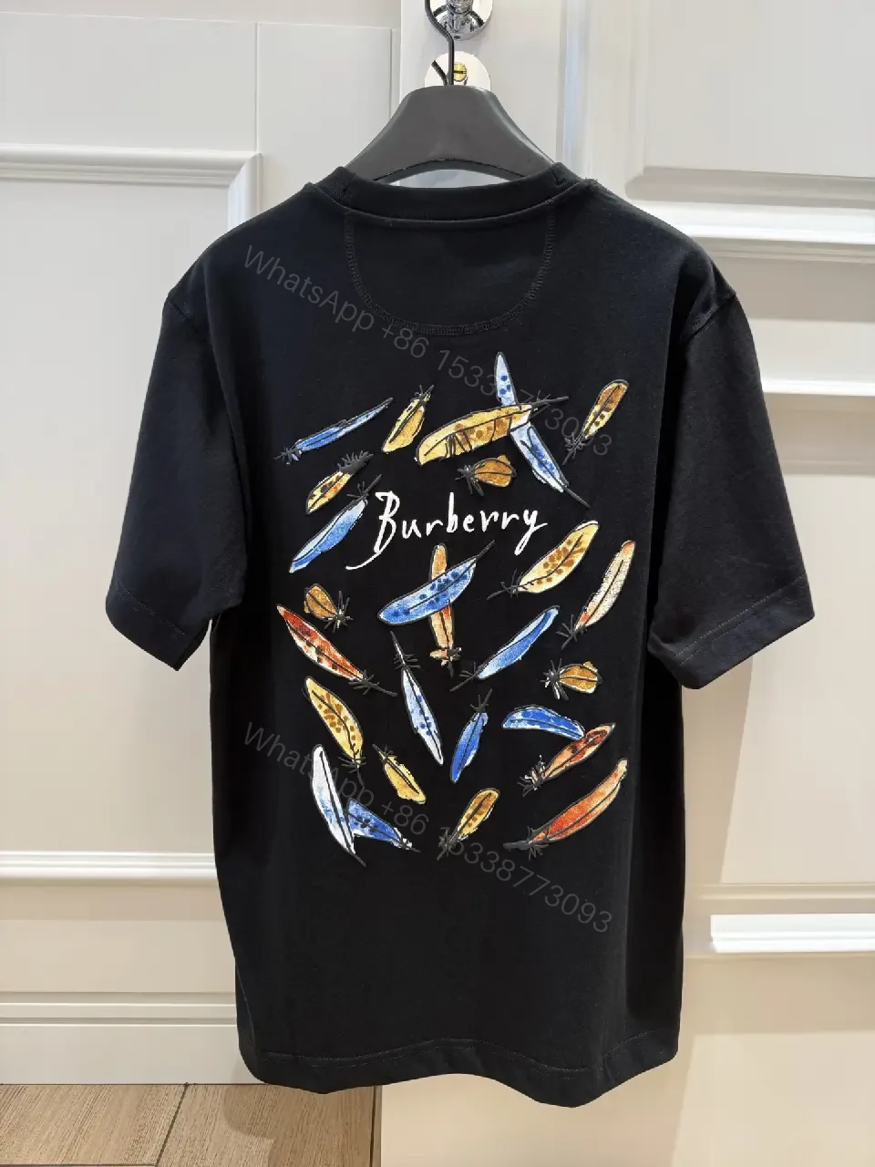 View 8 of Black Cotton T-Shirt with Embroidered Burberry Graphic Tee